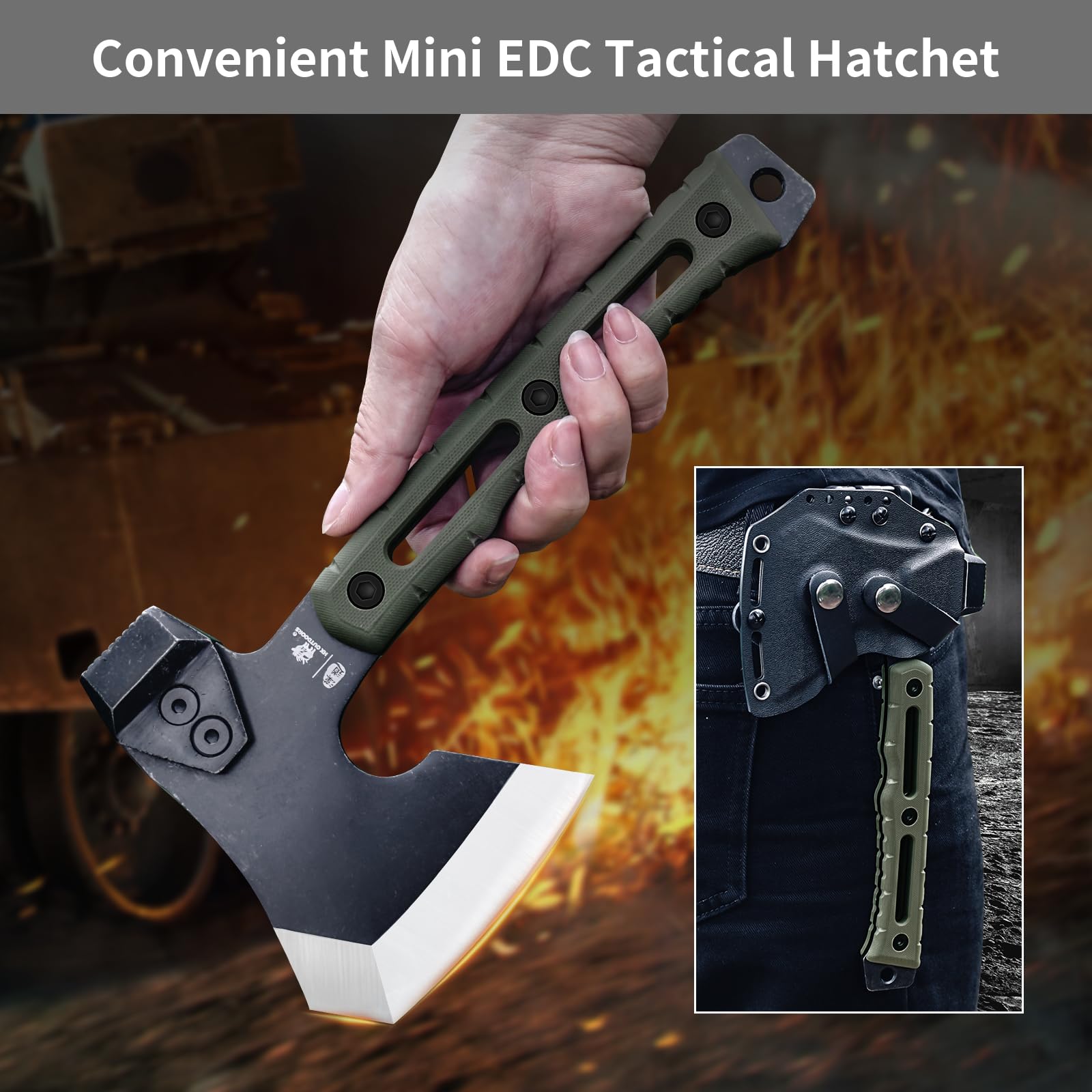 Hacha de Partir Multifuncional, Pequeña Hacha de Supervivencia y Táctica para Camping, Hachas de Mano para Bushcraft con Martillo y Funda de Kydex (Verde Militar)