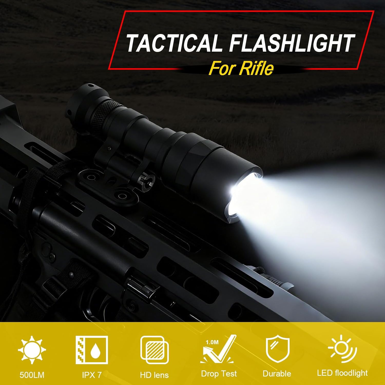 Tactical Flashlight for Picatinny / Mlok Rail Mounted,500 Lumen LED Weapon Lights For Rifles,Rifle Flashlight with Remote Pressure Switch,Mini Weaponlight with Constant/Momentary mode For Hunting
