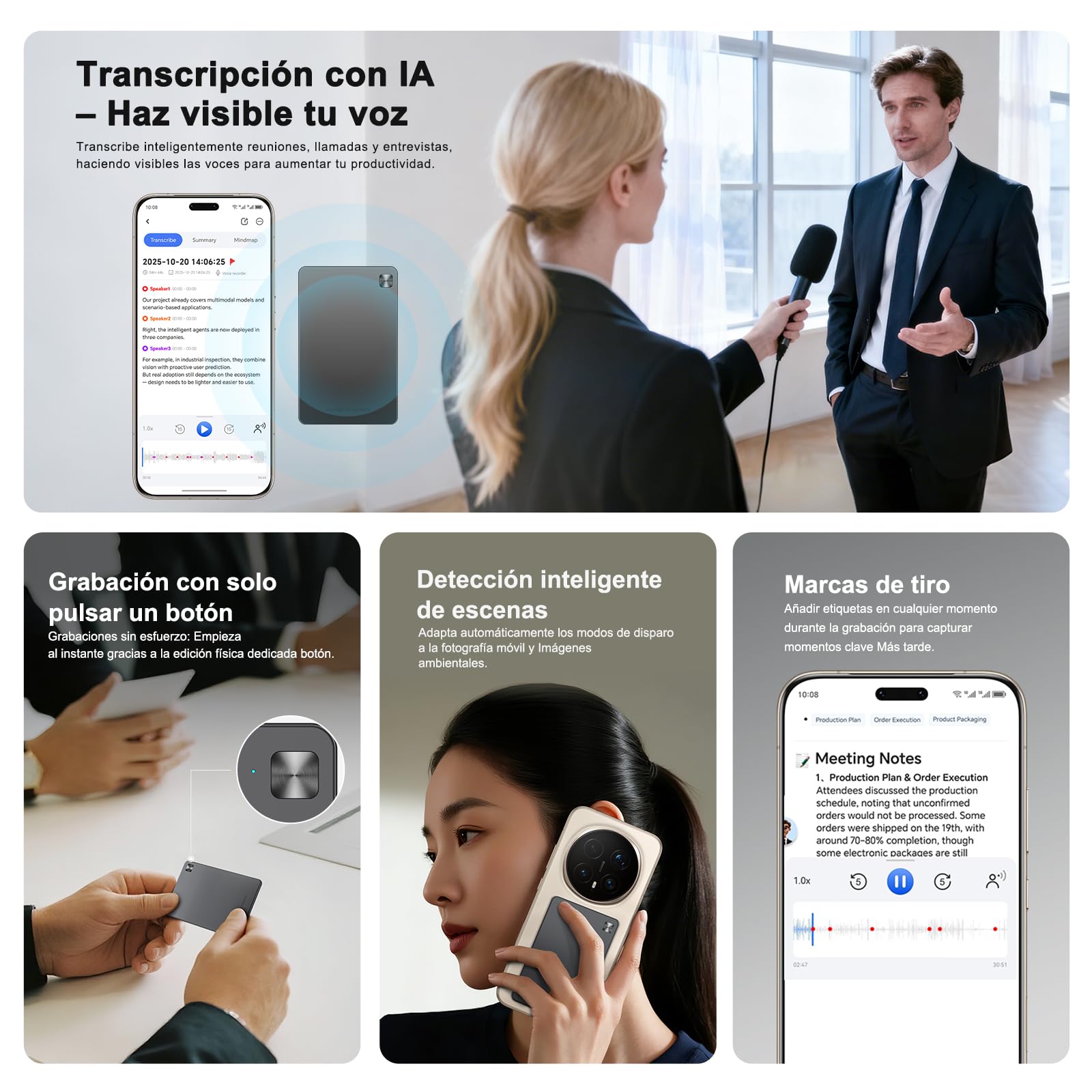 HONOR Choice AI Note Grabadora de Voz, 600 Min/Mes de Transcripción Gratuita, Dictáfono Digital con Resúmenes IA y Mapas Mentales, 130+ Idiomas, Tarjeta Magnética Fina, para Reuniones y Llamadas