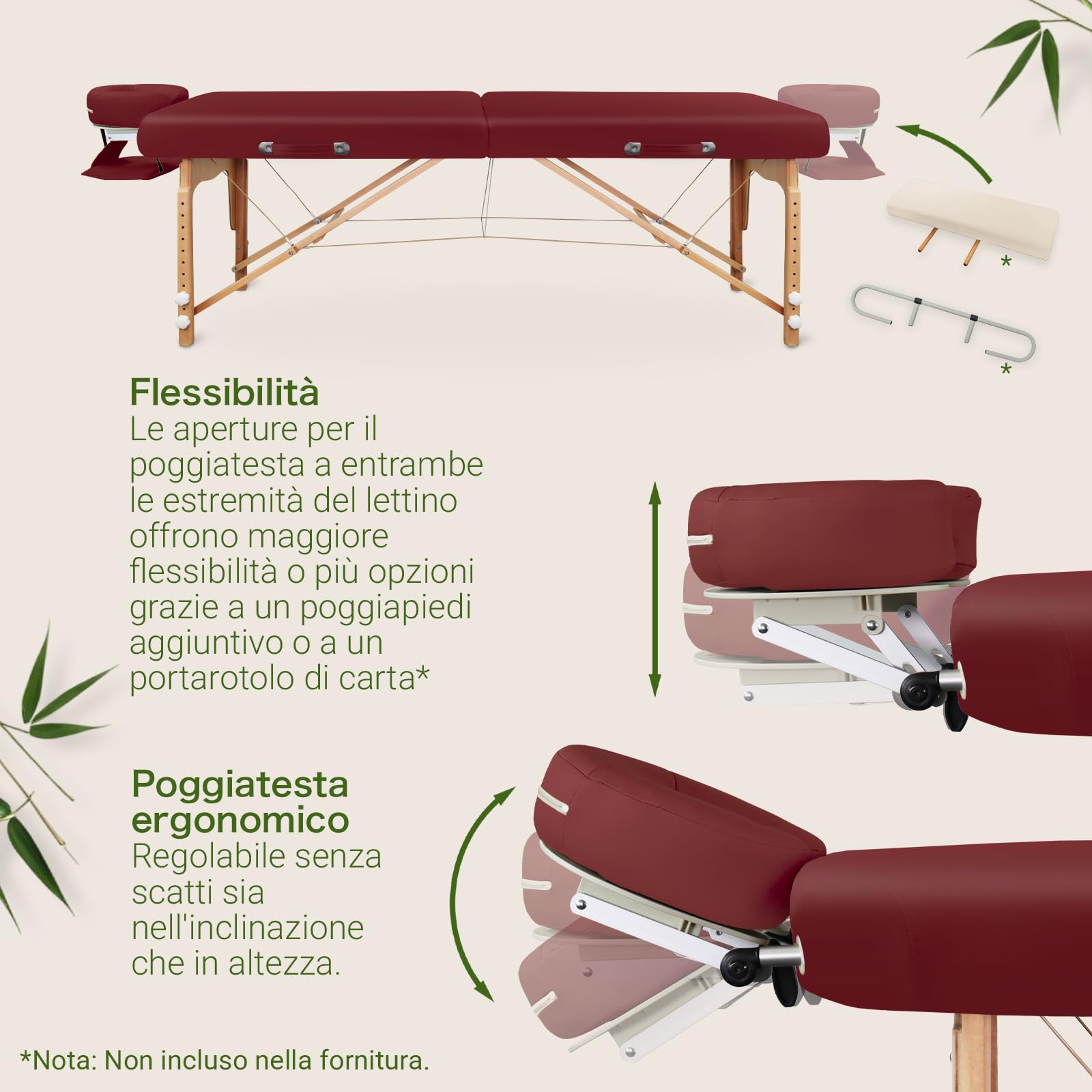 ZEN - Lettino massaggio Round Corner mobile pieghevole®olabile - Tavolino massaggio in legno angoli rotondi per massaggi attivi - Panchina massaggi con poggiatesta, braccioli e borsa (bordeaux)
