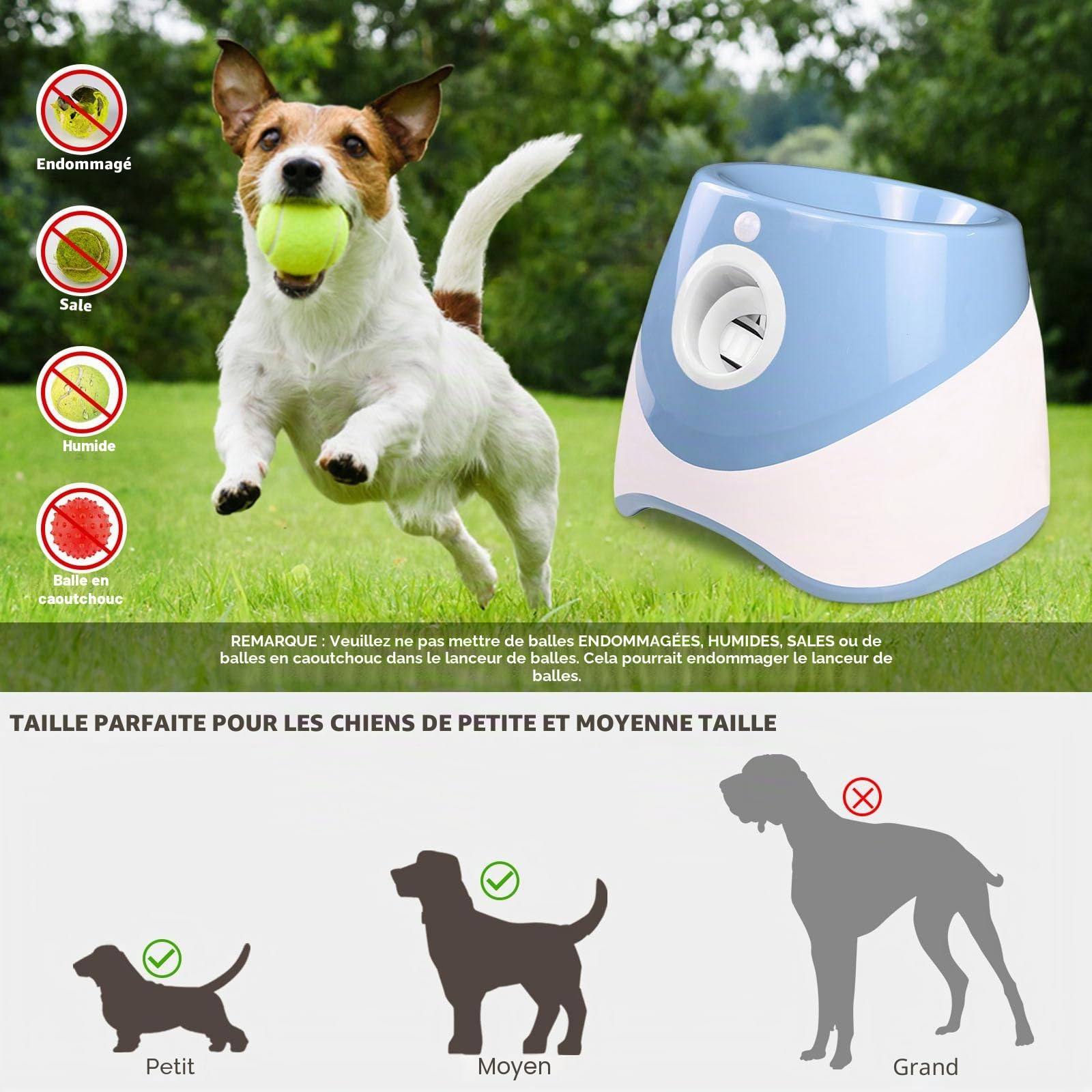 Lanceur de balles automatique pour chien, machine lance-balles avec 6 balles de tennis 5,1 cm, portée 3-9 m