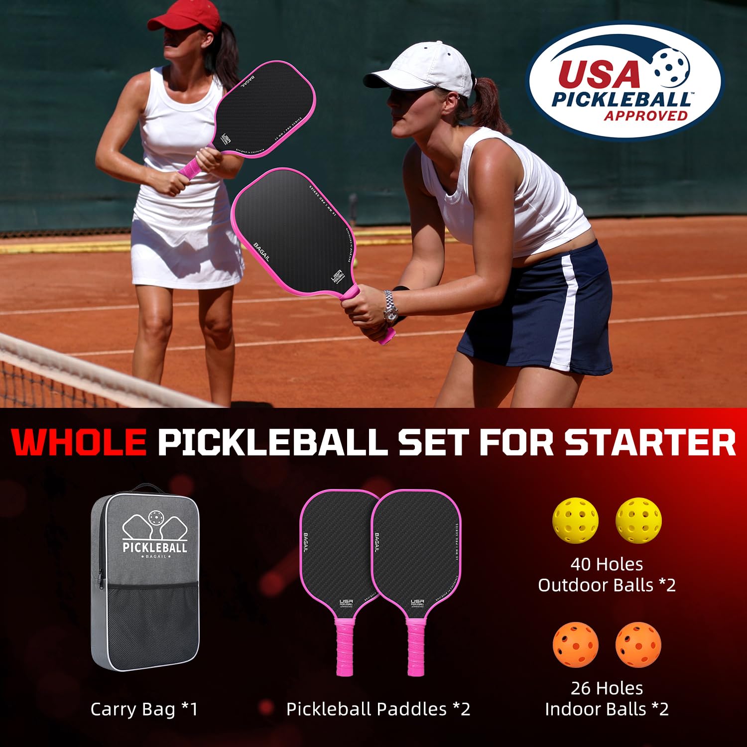 BAGAIL Juego de Paletas de Pickleball, Raquetas de Pickle Ball con 4 Pelotas de Pickleball, Ligeras, Alta Absorción de Impactos, Ergonómicas, Adecuadas para Juegos de Pelotas de Todos los Niveles — view 8