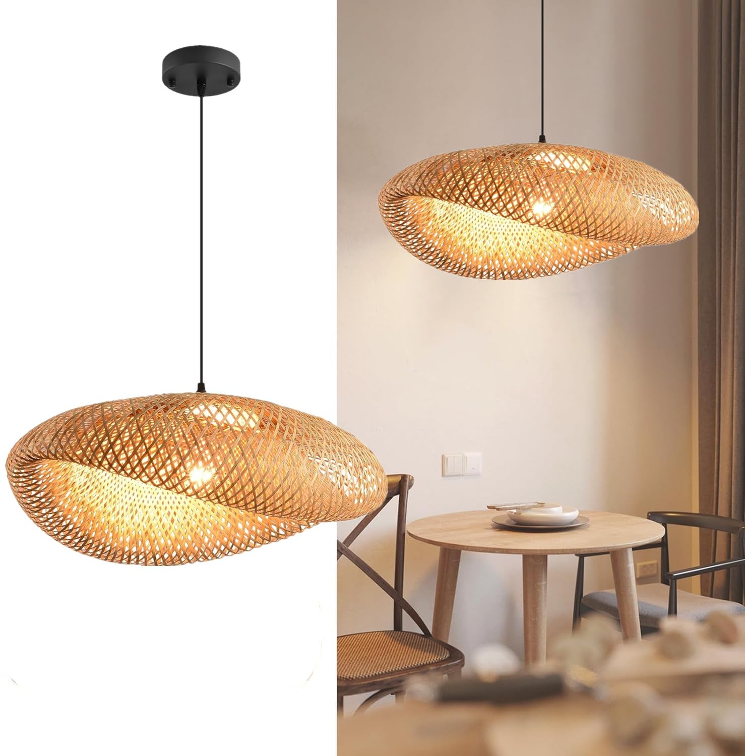 Boho Bamboo Rattan Hanging Chandelier Light 60cm Fixture