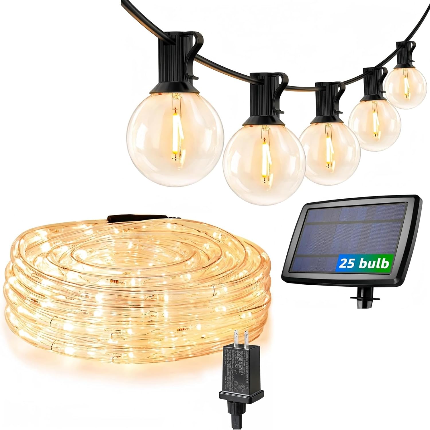 LE Bundle-2 Items: 33 ft 240 LED Outdoor Rope Lights & 25 ft Solar Outdoor String Lights USB Rechargeable LED Bulb String Lights