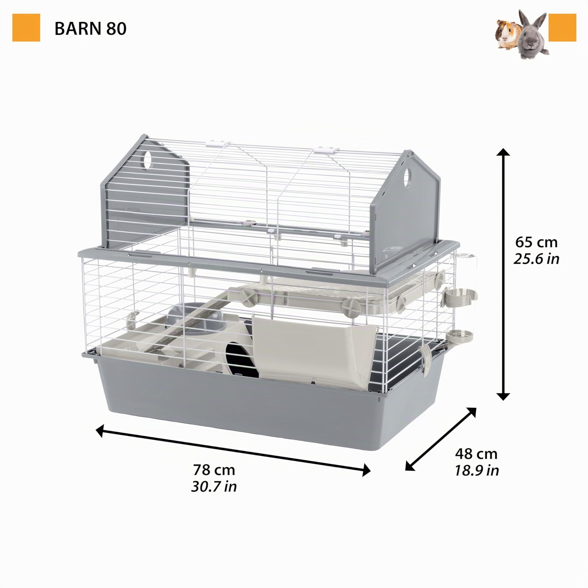 Ferplast Jaula para Conejos y Pequeños Animales Barn 80, 2 Pisos, Techo Abrible, Accesorios Incluidos, 78 x 48 x h 65 cm.