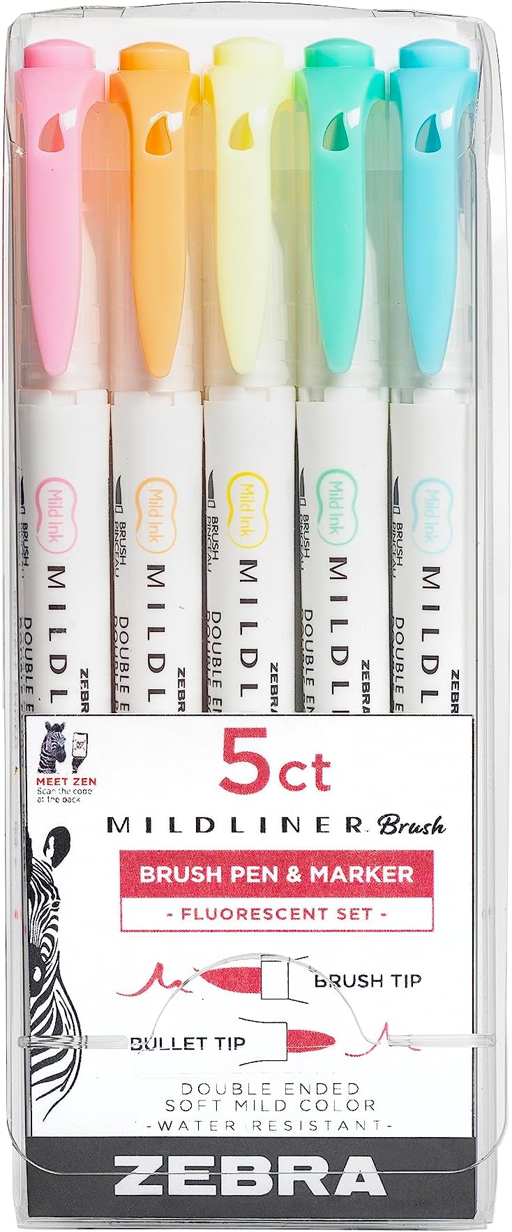 Zebra Mildliner Double Ended Brush Pen & Marker 5/Pkg-Flu☘-79105
