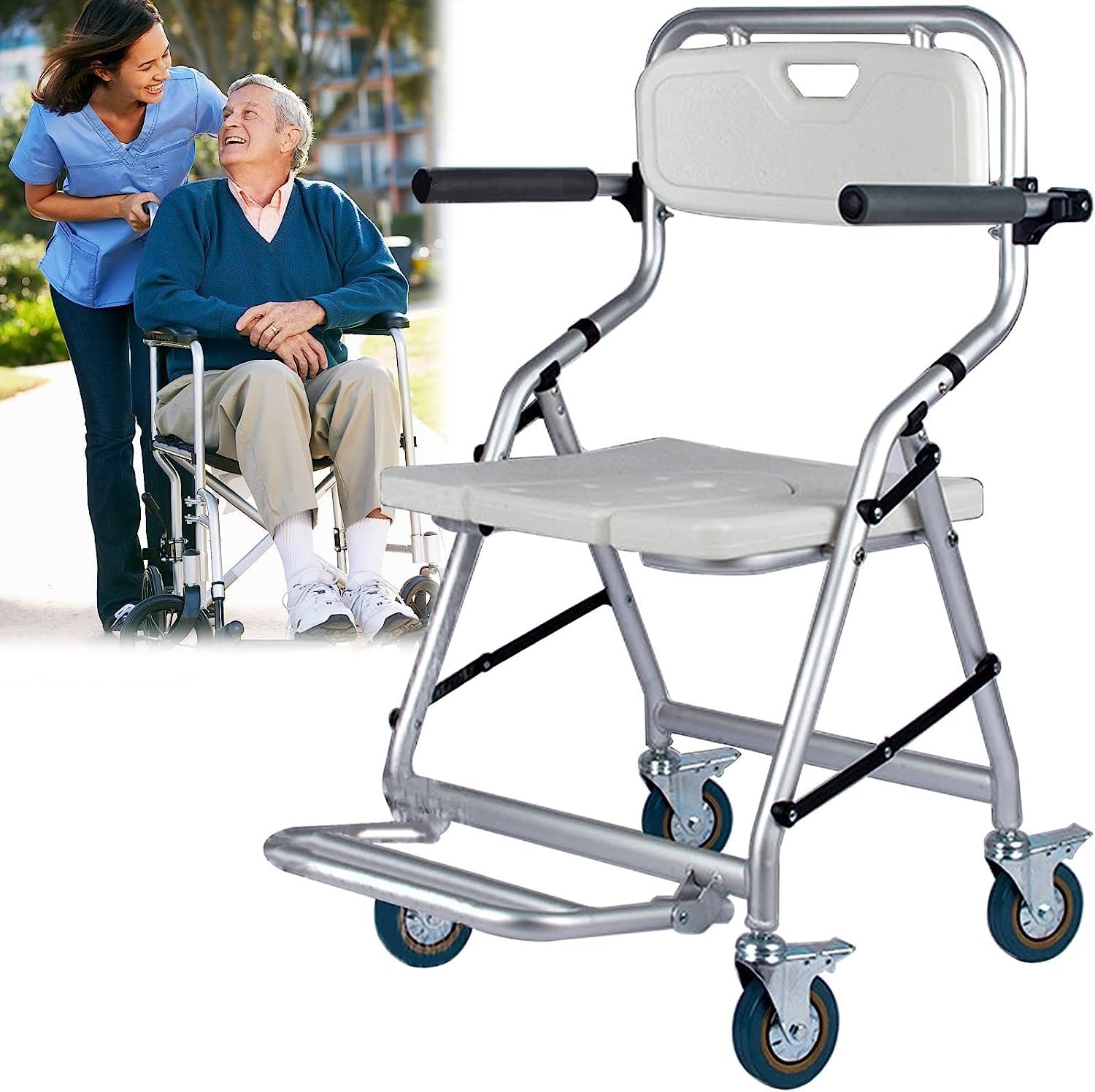 Chaise de douche pliable à roulettes avec dossier pour senior et PMR