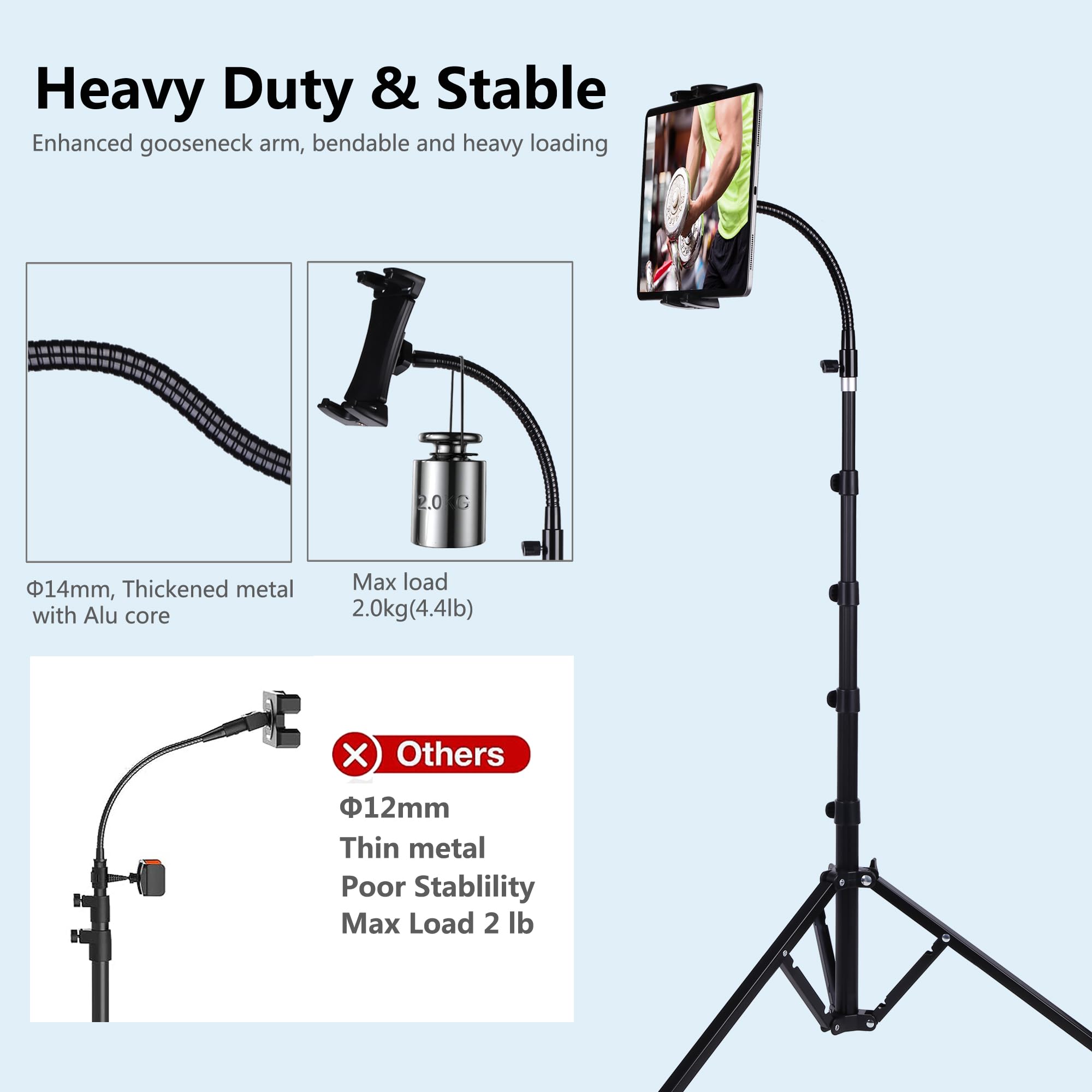 Trípode para iPad y teléfono de 73 pulgadas, cuello de cisne, soporte de suelo con control remoto para tabletas de 3.5 a 15 pulgadas, iPhone, iPad Pro Air Mini 12.9 11 10.5, Galaxy Tab S9