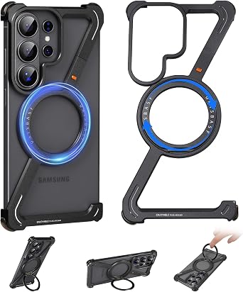 Z Shape for Samsung Galaxy S26 Ultra Phone Case with Magsafe,Frameless Metal with Magnetic Ring Stand,360Rotating Kickstand Protective Case,Slim Shockproof Cover for Galaxy S26 UltraBlack