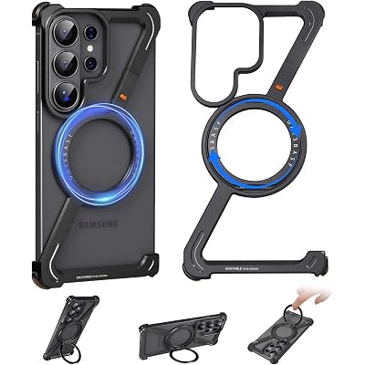 Z Shape for Samsung Galaxy S26 Ultra Phone Case with Magsafe,Frameless Metal with Magnetic Ring Stand,360°Rotating Kickstand Protective Case,Slim Shockproof Cover for Galaxy S26 Ultra(Black)