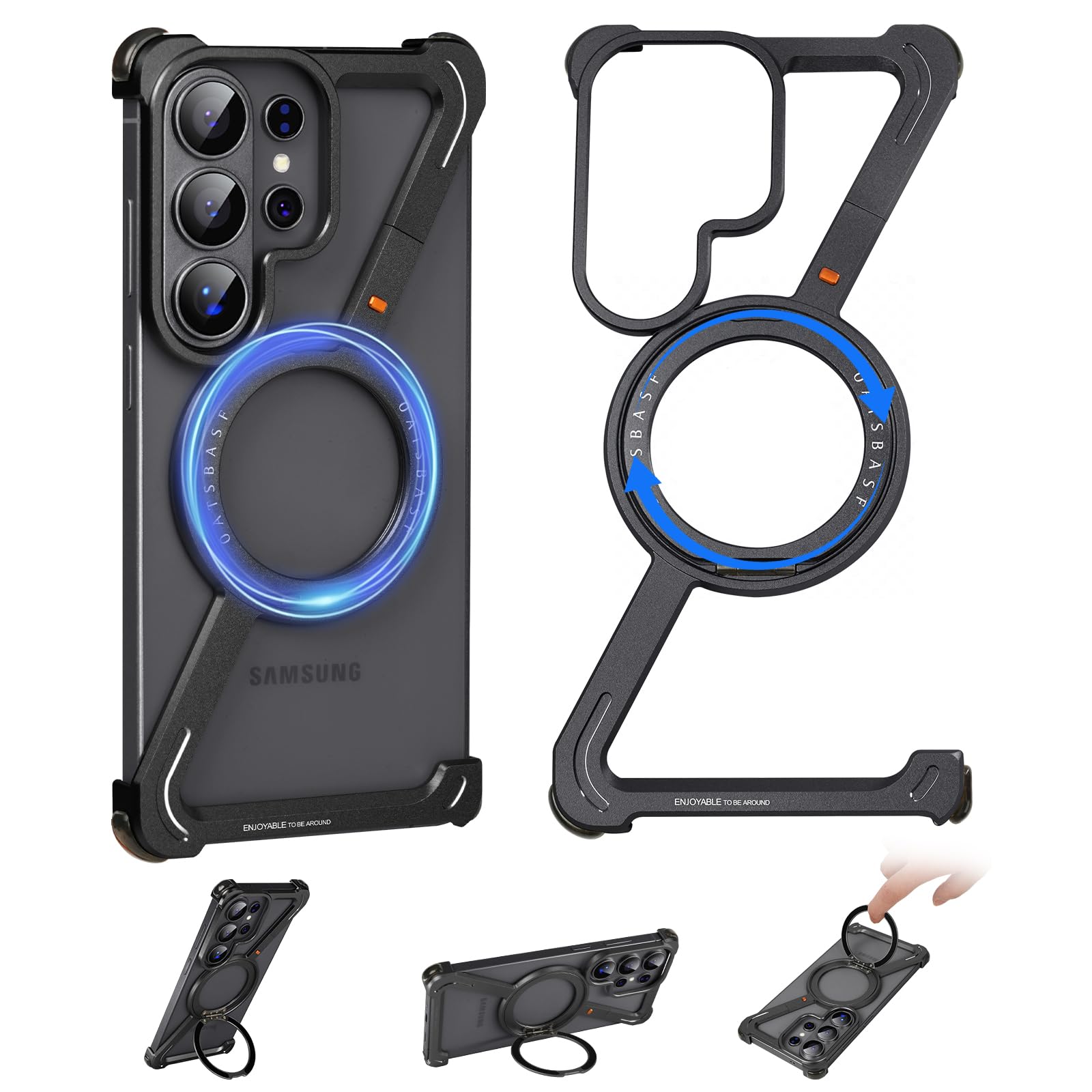 Coque de protection Z Shape pour Samsung Galaxy S26 Ultra sans cadre - Avec Magsafe - Rotation à 360° - Support magnétique - En aluminium fin - Anti-chocs - Noir