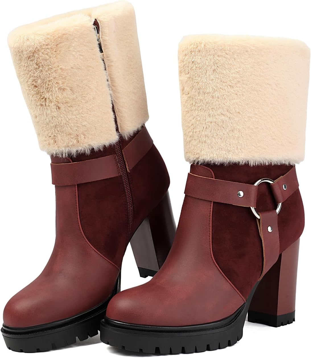 Women's Ankle Boots Platform Boots Side Zip Chunky Heel Booties with Fur Round Toe Leather Winter Boots for Women
