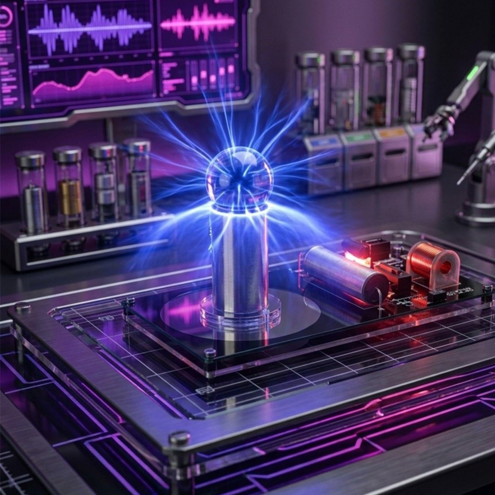 Miniatur für Tesla Coil DIY Kit, 12V 2A Desktop Plasma mit Gasentladungstechnologie, inklusive Neonlampen und Feuerzeuge STEM Bildung und für Hobbyisten