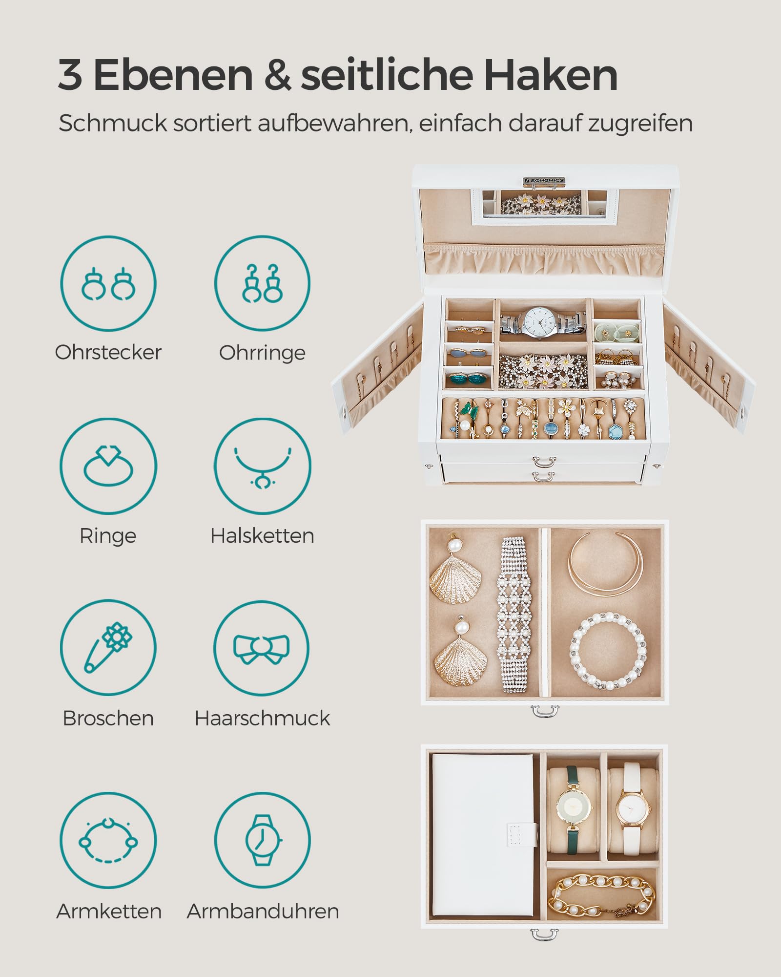 SONGMICS Schmuckkästchen 3 Ebenen, Schmuckkasten mit 2 Schubladen, Schmuckschatulle mit tragbarer Mini-Box für Reisen, mit Griff, abschließbar, Schmuckaufbewahrung, Geschenkidee, weiß JBC121W