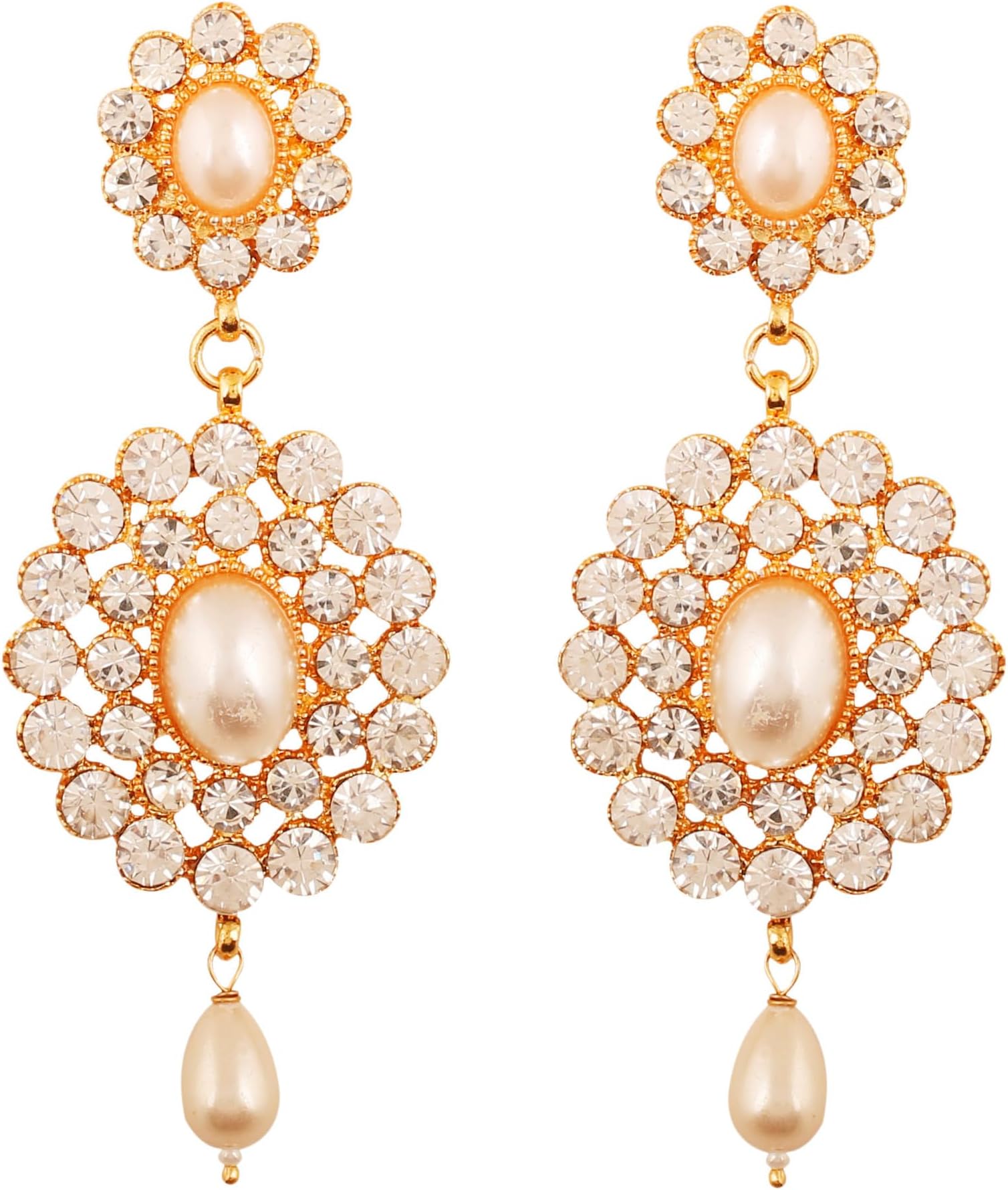 Indian Bollywood Fine Jewelry Inspired Cubic Zirconia CZs studded Designer Jewelry Long Chandelier Earrings In Gold And Silver Tone For Women.