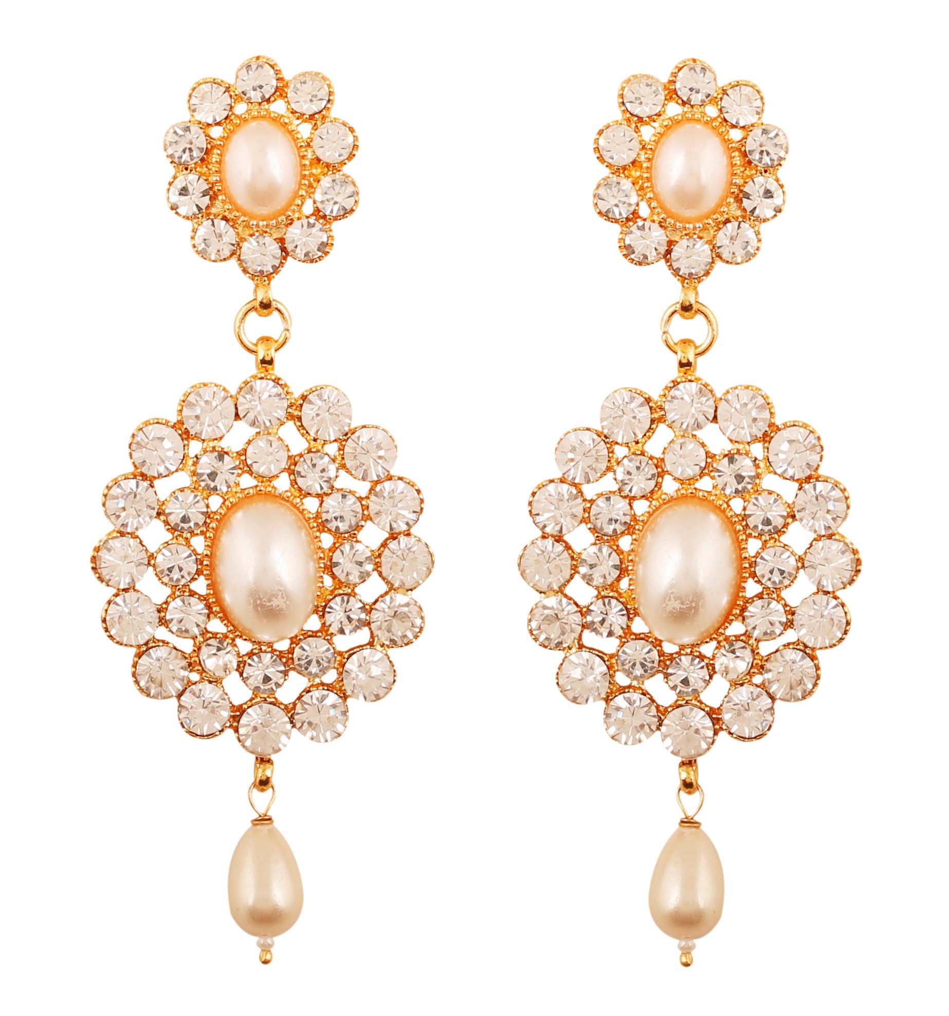 Indian Bollywood Fine Jewelry Inspired Cubic Zirconia CZs studded Designer Jewelry Long Chandelier Earrings In Gold And Silver Tone For Women.