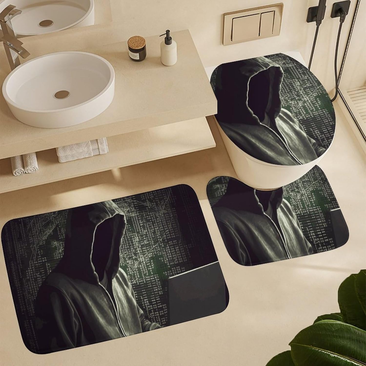 Hacker Shower Curtains Set 4 Piece with Non-Slip Rugs, Toilet Lid Cover and Bath Mat Soft Bathroom Carpet Waterproof Bathroom Curtain with 12 Hooks for Bathroom Decor