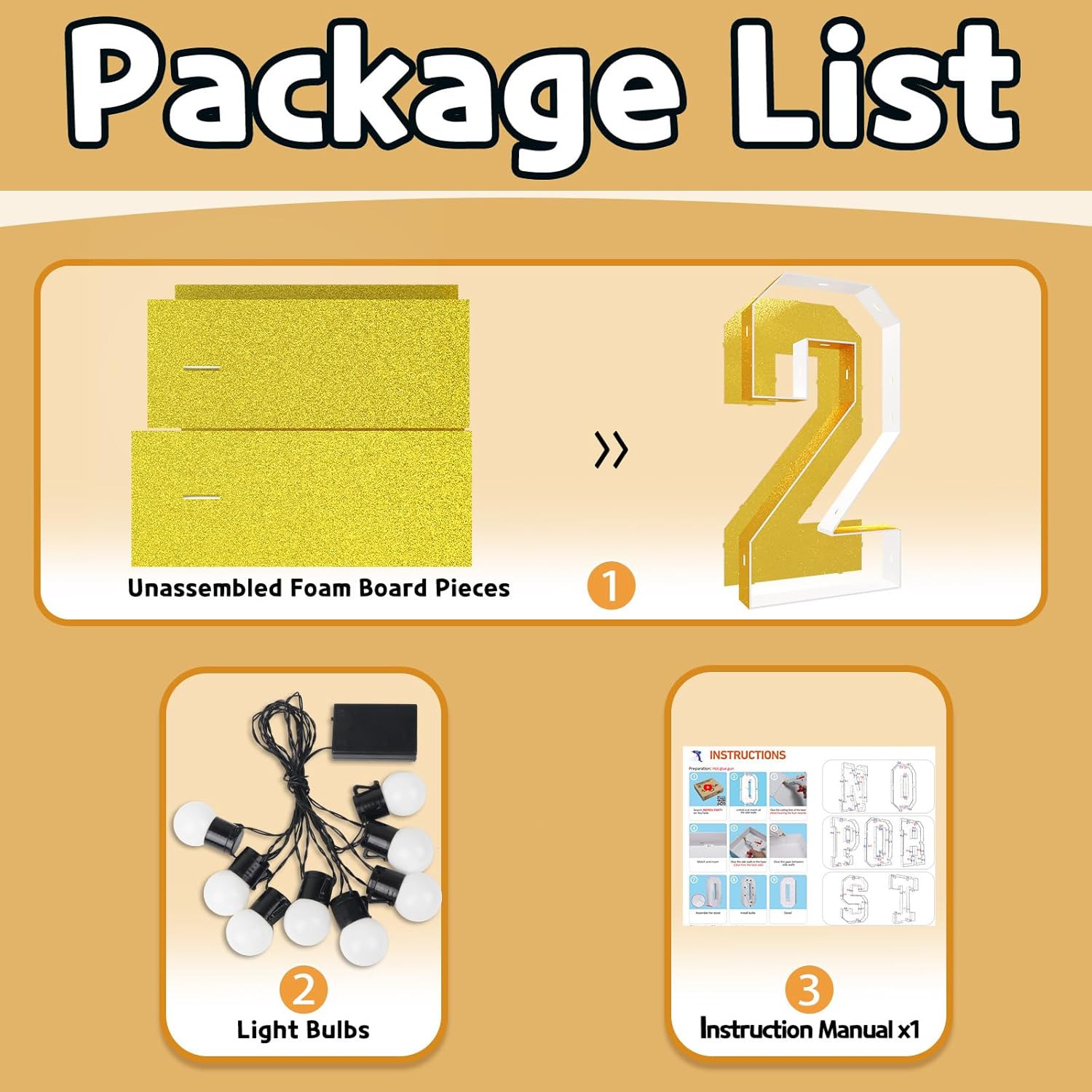 imprsv Marquee Numbers Gold 3FT: Golden Party Decor - Light Up Number 2 Large 3 Feet Tall - Birthday Decorations for Him Her 2rd 20th 21st