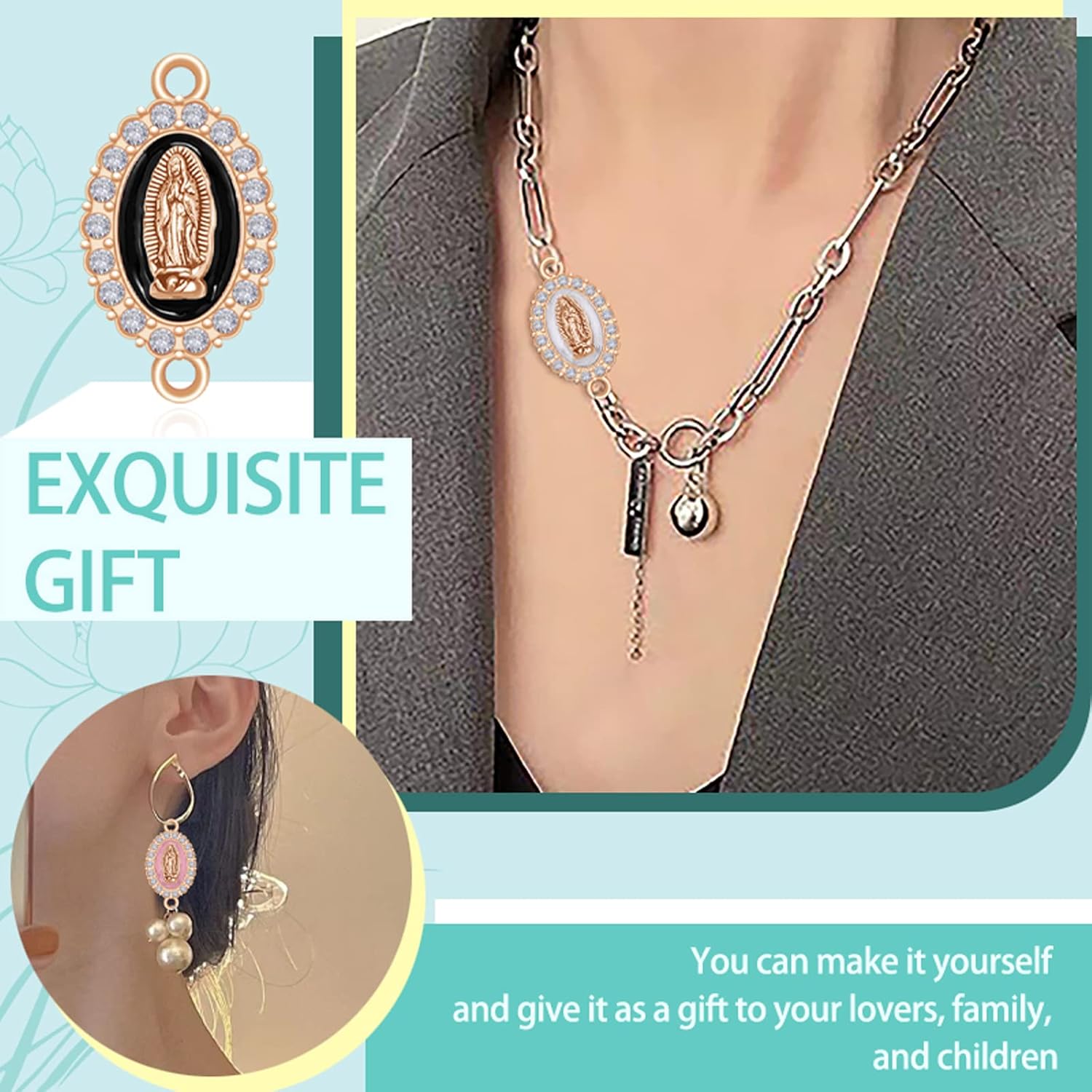 36Pcs Alloy Enamel Virgin Mary Charm Rhinestones Our Lady Link Miraculous Medal Charms Bracelet Connection Crucifix Pendant for DIY Necklace Earrings Jewelry Making - Image 4