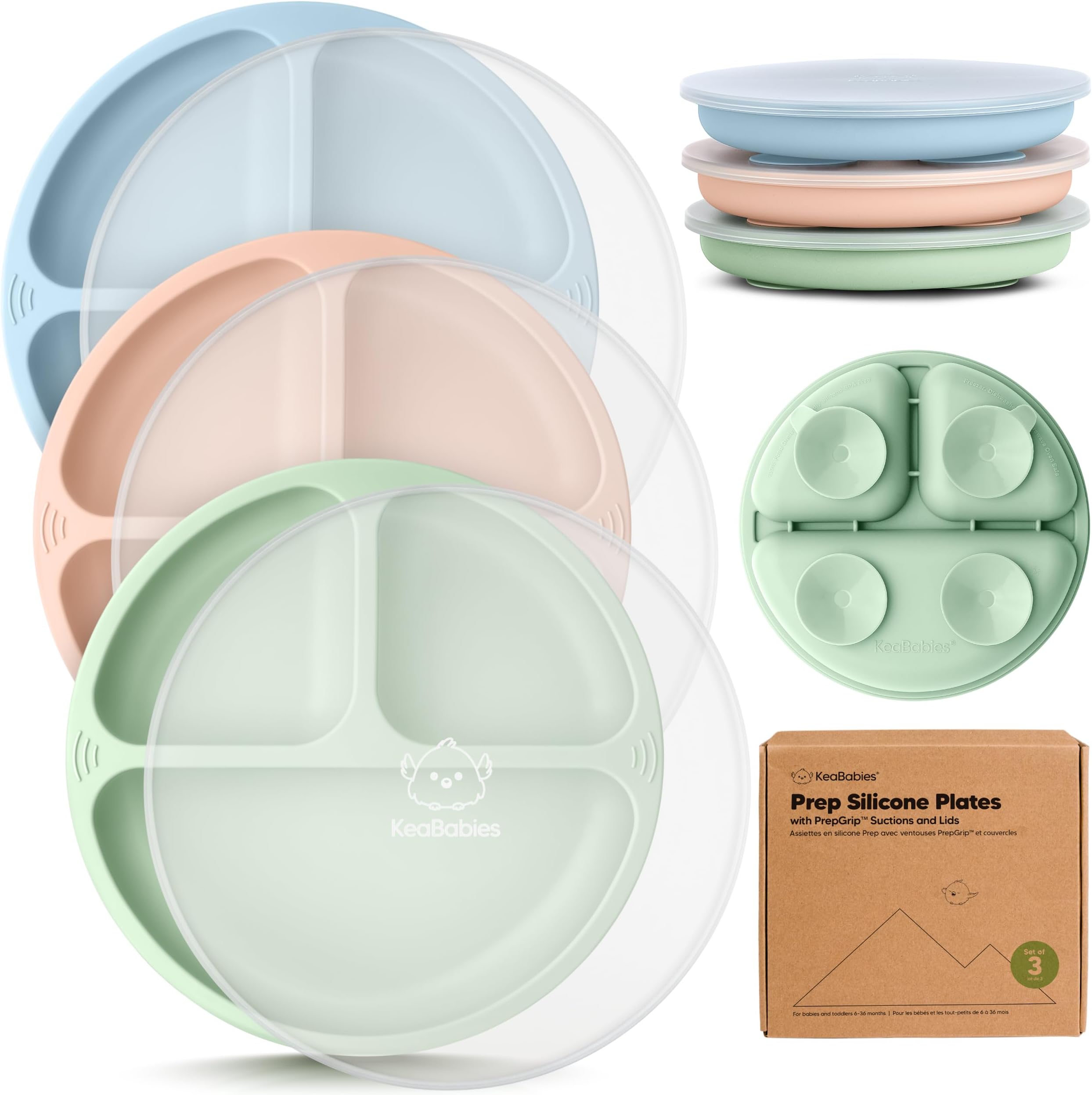 KeaBabies Suction Plates with Lids for Baby - 3-Pack 100% Silicone Toddler Plates with Suction, Divided, BPA-Free Baby Led Weaning Essentials for Kids, Dishwasher, Microwave Safe, Durable (Mellow)