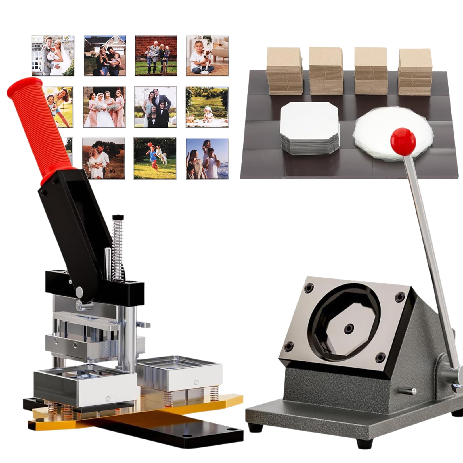 2X2inch Square Fridge Photo Magnet Maker Machine, DIY Button Press Maker Kit with Paper Cutter+100pcs Supplies