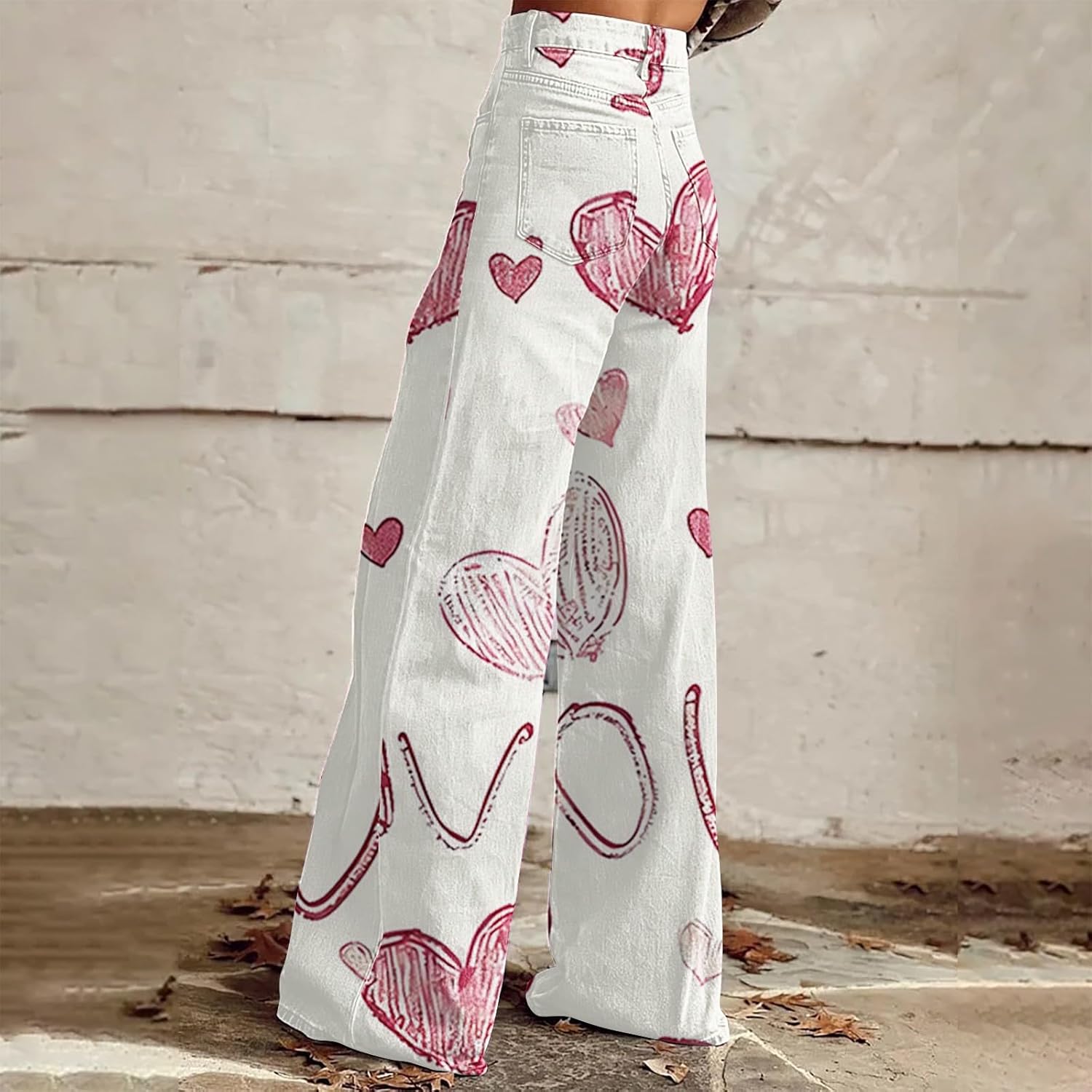 Valentines Day Pants Valentine's Day Women's High Waisted Wide Leg Jeans Heart Print Denim Pant Casual Fit Trousers - Image 7