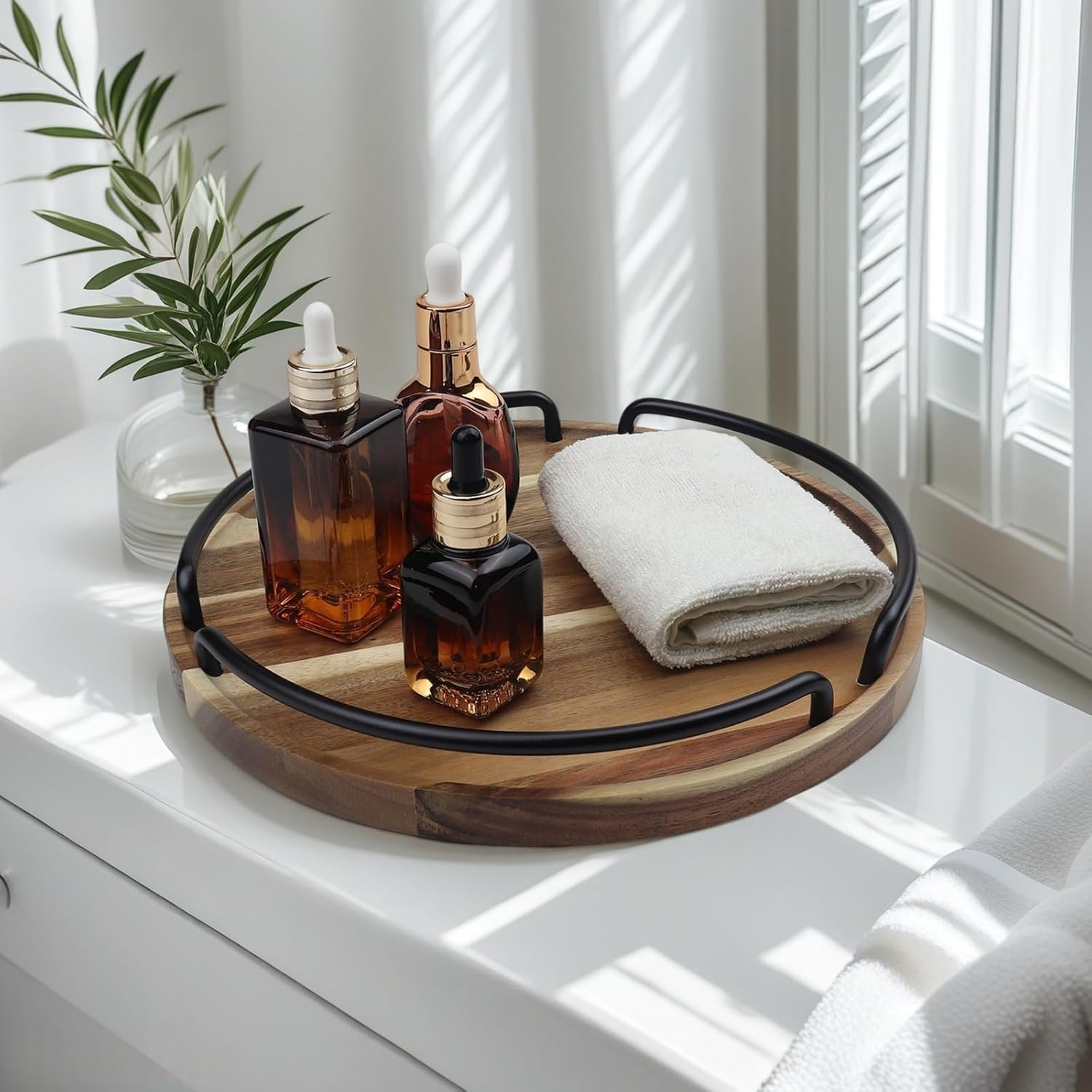 Round Wooden Serving Tray - Rustic Style Decorative Tray for Coffee Table, Living Room, Vanity - Acacia Wood Tray with Handles - Housewarming Gift - 12 Inches (Diameter) - Image 3