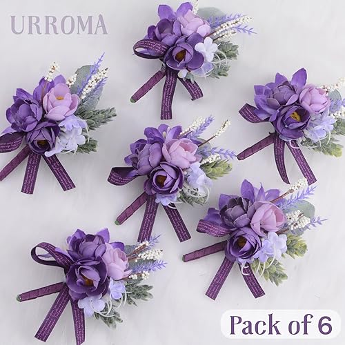 Miniatura 3 de URROMA 6 piezas de flores artificiales para boda, ramillete de simulación de rosas pequeñas moradas, accesorios de flores artificiales para novia,