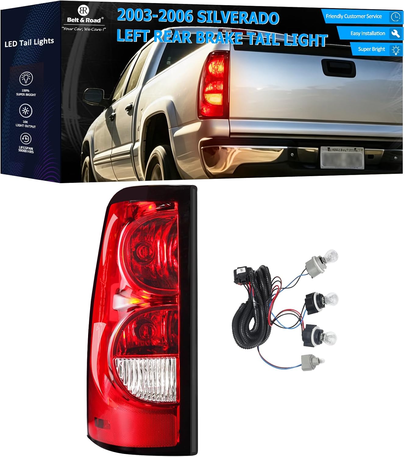 Tail Lights Compatible with 2003-2006 Chevy Silverado 1500 2500 3500HD 1500HD 2500HD, Rear Brake Lamps Left Driver Side, Red Lens, Bulbs and Wiring Harness Included, GM2800174 GM2801174