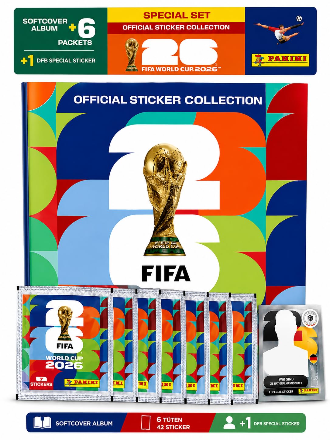 Set di base XXL per fan dei mondiali 2026, album di adesivi originale Panini, 1 piano di gioco e 2 fasce tergisudore della Germania (Starter Set XL (copertina morbida + 6 sacchetti e adesivi