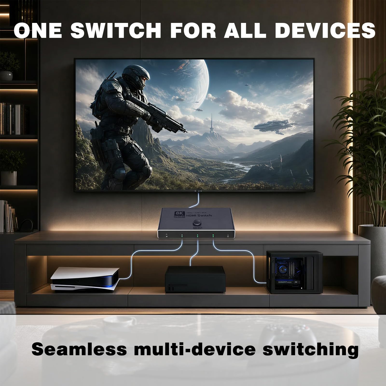 HDMI Switch 3 in 1 Out - 8K Aluminium HDMI Umschalter Verteiler mit IR-Fernbedienung unterstützt Dolby Vision 8K@60Hz 3D HDCP 2.3 Plug & Play für PC Laptop TV Beamer Projektor - Nur Spiegelmodus
