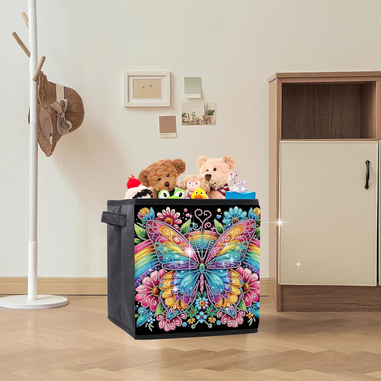 9.84x9.84x10.23 Inch Butterfly Diamond Art Large Storage Basket, DIY Foldable Dispenser Basket for Home, Organization Box with Baseplate Office Living Room Bedroom Family Large Storage Cubes