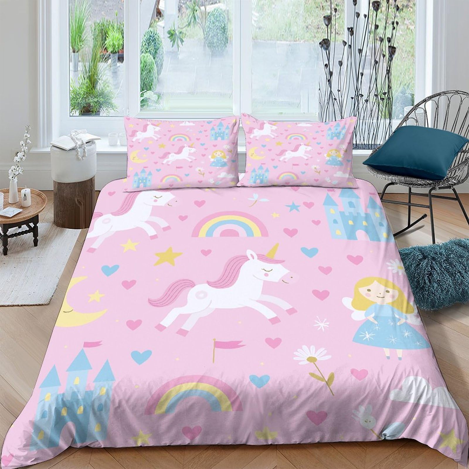 Ctjqhvkz Style-2 3D Printed Pink Unicorn Rainbow Fitted Sheet Microfiber Soft Breathable Castle Bed Cover For Bedroom Guest Room Mattress Decor Single（135X200cm）