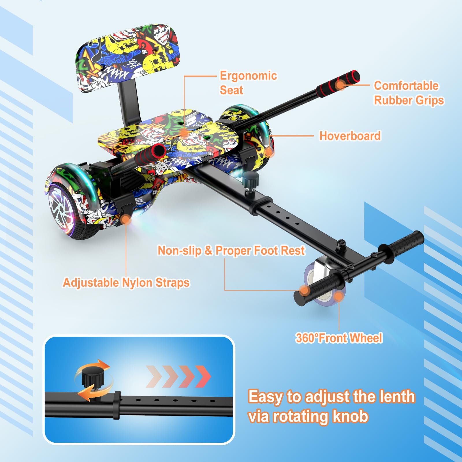 Scooter Seat Attachment, Adjustable Frame Length Scooter Go Kart Combo, Safety Certified Hoverboard Go Kart for Kids