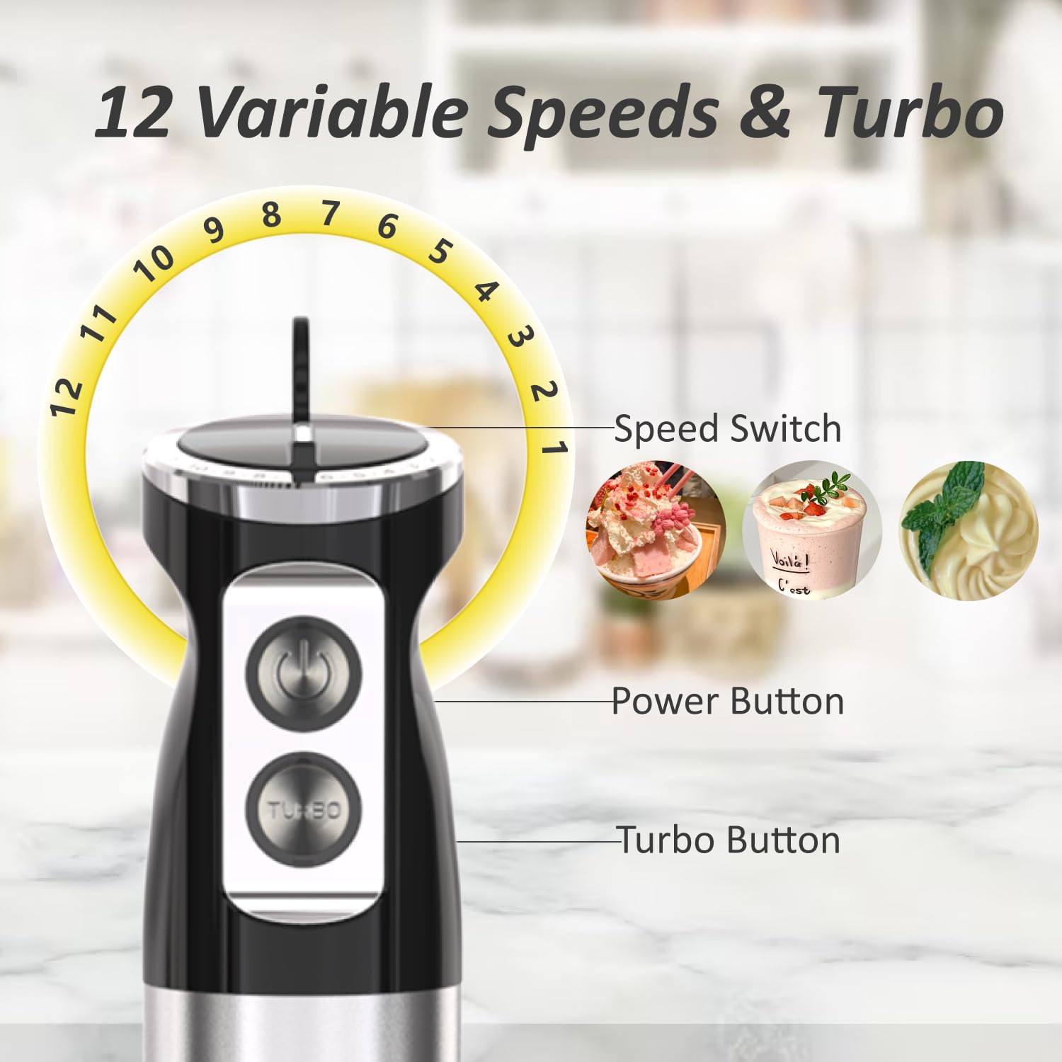 Licuadora de inmersión de mano, 5 en 1 con cable de emulsión manual para cocina, licuadora eléctrica de 12 velocidades para alimentos para bebés, batidos, sopas, puré 2