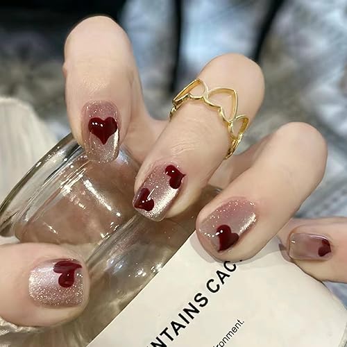 Miniatura 2 de Uñas postizas a presión con diseño de ojo de gato, uñas postizas cortas cuadradas con diseños del día de San Valentín, corazón rojo, cobertura