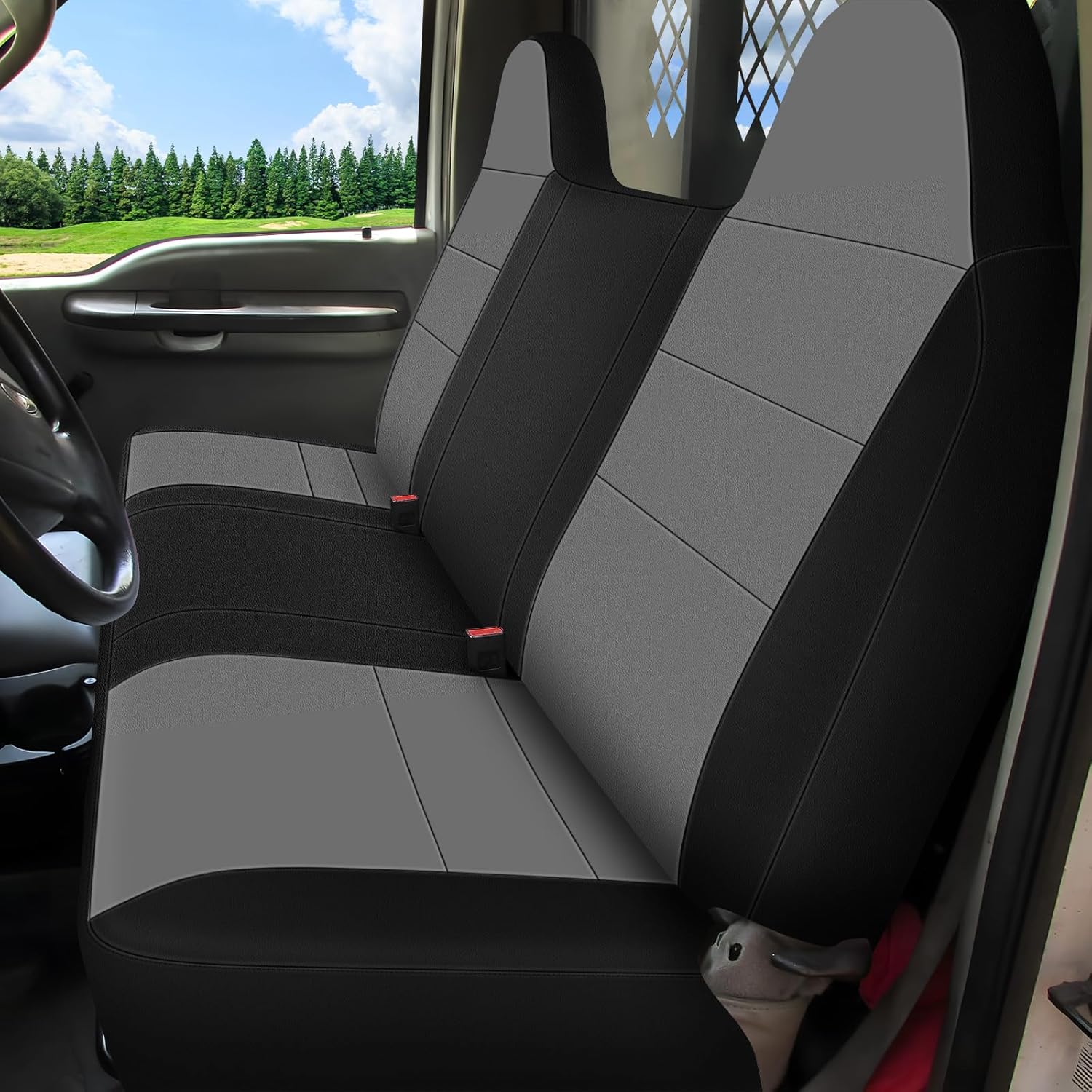 Front Bench Seat Cover Compatible with 1995-2010 Ford F-250/F350/F450, Leather & Foam Padded Water Resistant Seat Cover, Black and Gray