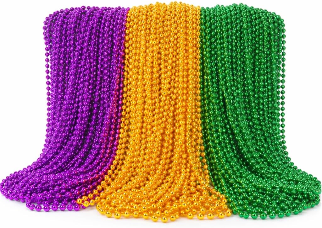 Oojami 144 Pcs Bulk Mardi Gras Beads – 33" Round 7mm Metallic Necklaces – Gold, Green & Purple Party Favors for Parade Throws, Carnival & Masquerade