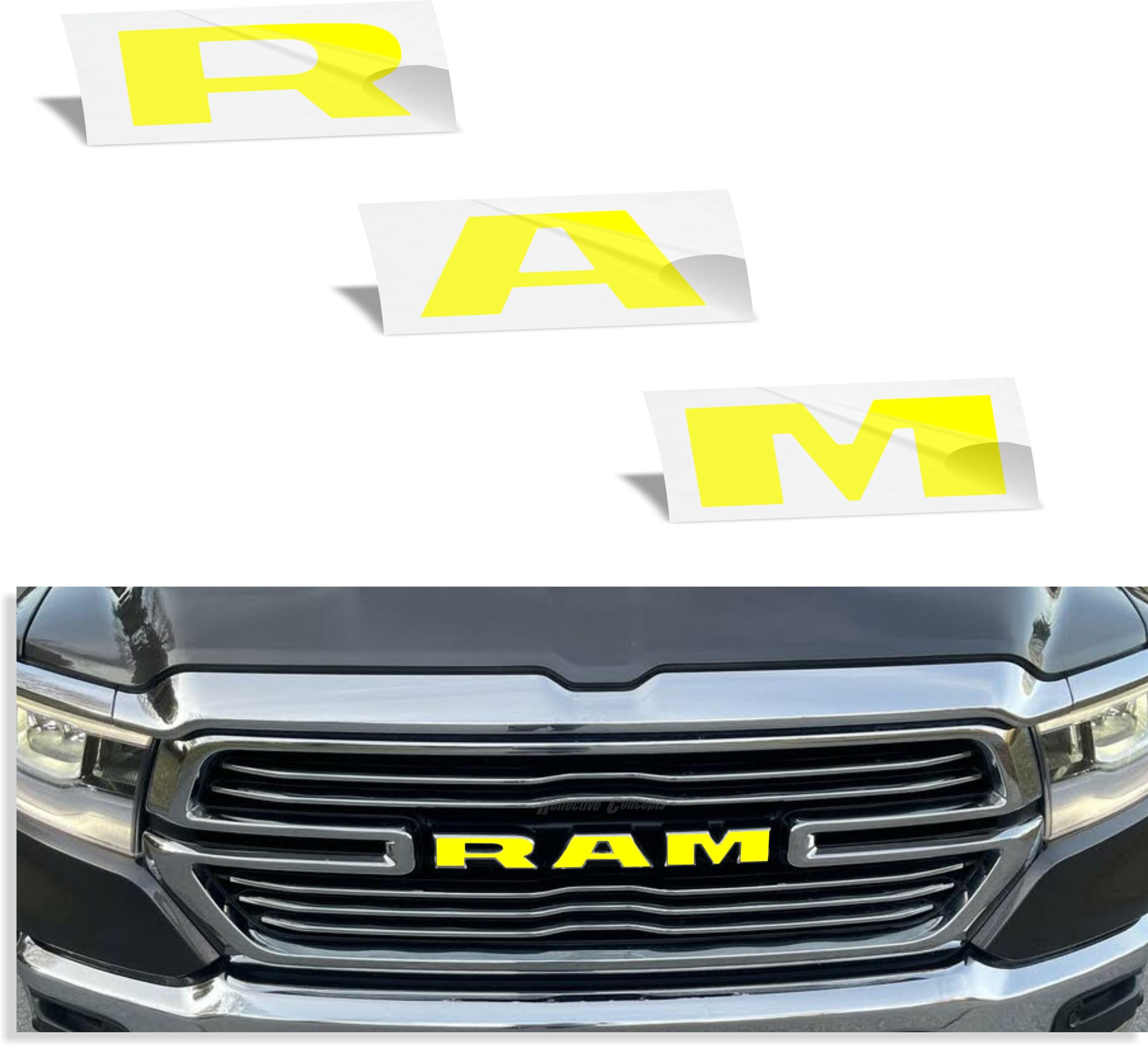 Reflective Concepts RAM Grille Emblem Overlay Decal 2019-2024 Ram 1500, NOT for Classic or TRX (Color: Bright Yellow)
