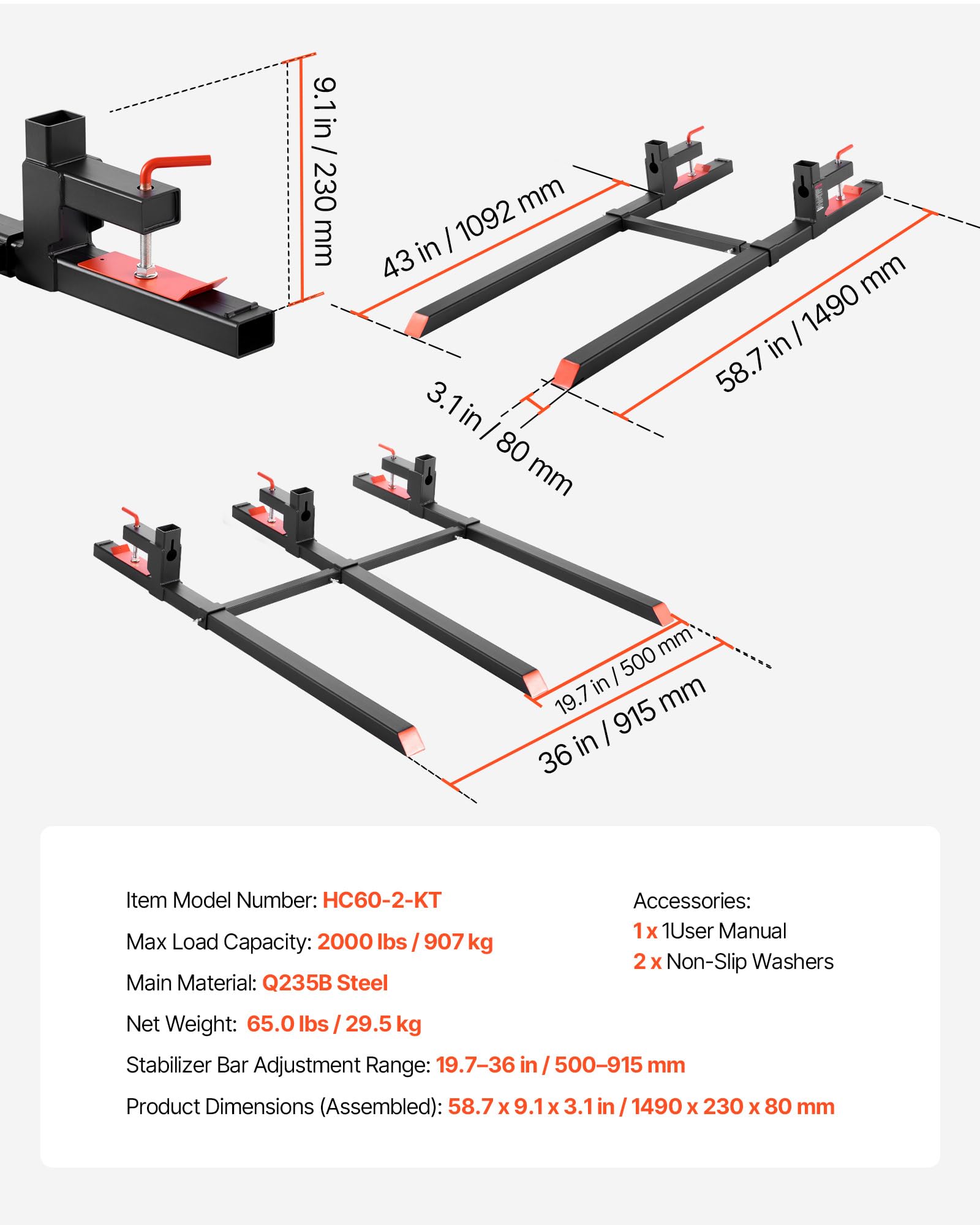 VEVOR Forche per Pallet con Morsetto da 907 kg Lunghezza Totale 149 cm, Forche per Trattori per Impieghi Gravosi con Barra Stabilizzatrice Regolabile per Accessori per Trattori, Benna di Carico
