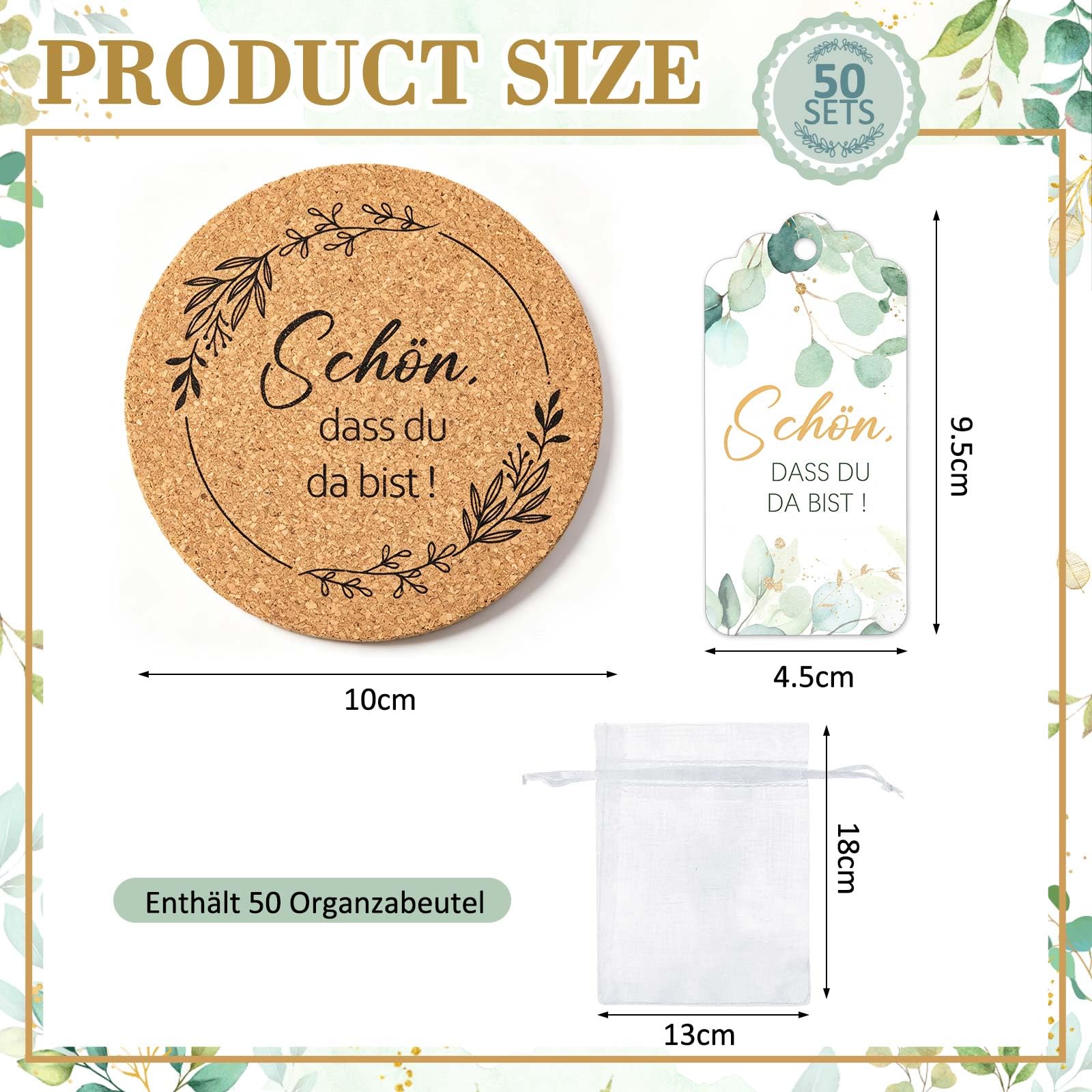 BBTO 50 sous Verres en Liège pour Cadeaux de Mariage avec Carte et Sachet en Organza sous-Verres pour Communion Décorations de Baptême Cadeau d'anniversaire Décorations de Table pour Garden
