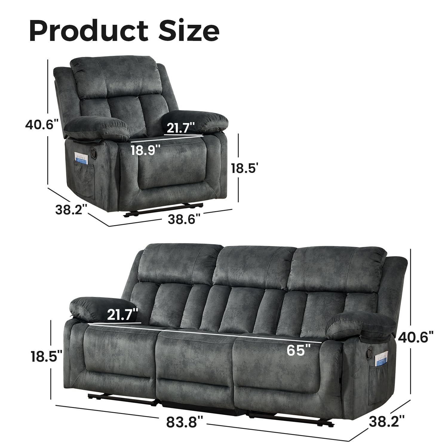 Manual Recliner Set Overstuffed Chair Wall-Hugger 3-Seat Loveseat Sofa Grey 1+3 image 7