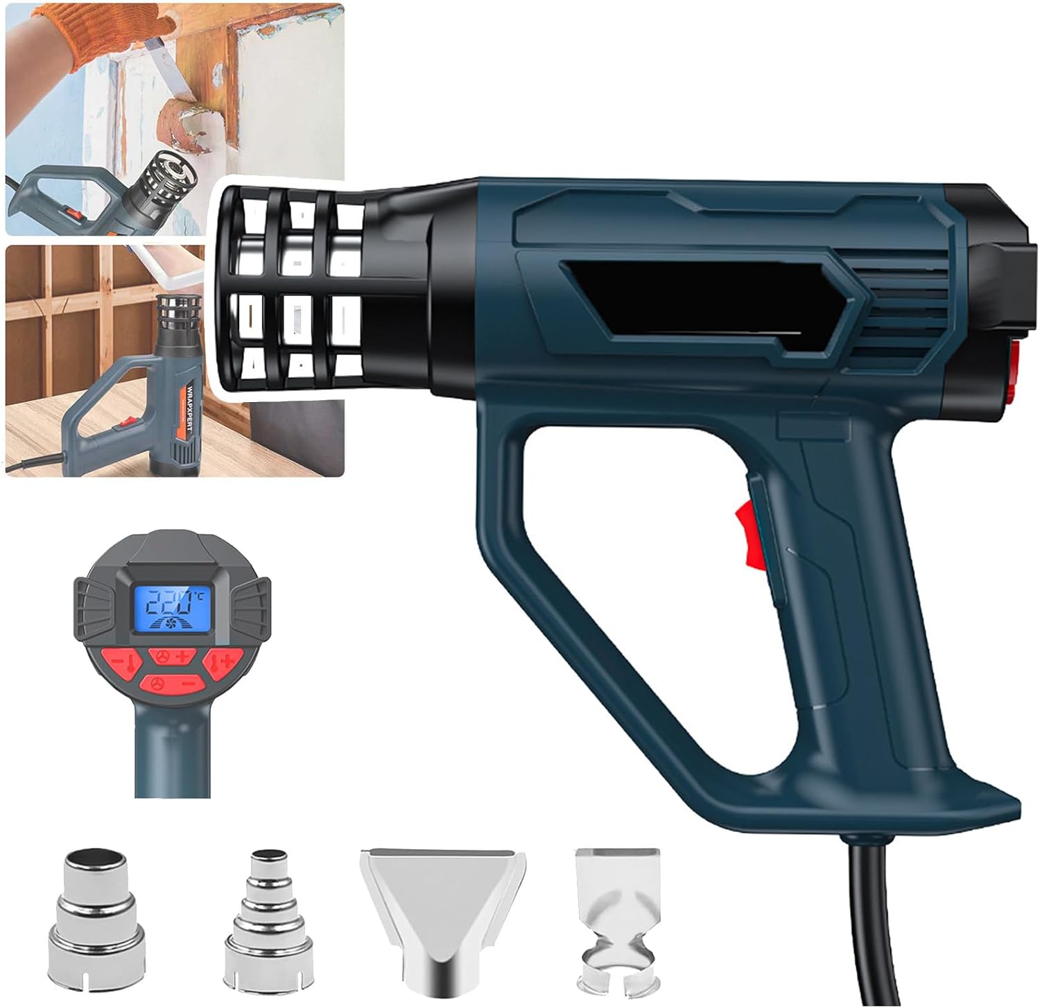 2500W Hot Air Gun, LCD Digital Display, 50℃-550℃ Temperature Adjustment, 2 Speed Settings, 4 Nozzles, Overheat Protection, 1.7m Wire Length, Suitable for Shrink Tubing and Paint Stripping