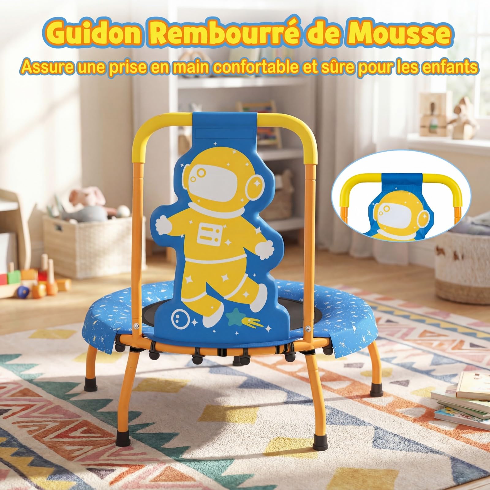GYMAX Petit Trampoline Intérieur Extérieur pour Enfants 3 à 6 Ans, avec Poignée en Mousse, Tapis de Saut sans Entraves, Charge Max.80kg, Motif Ludique