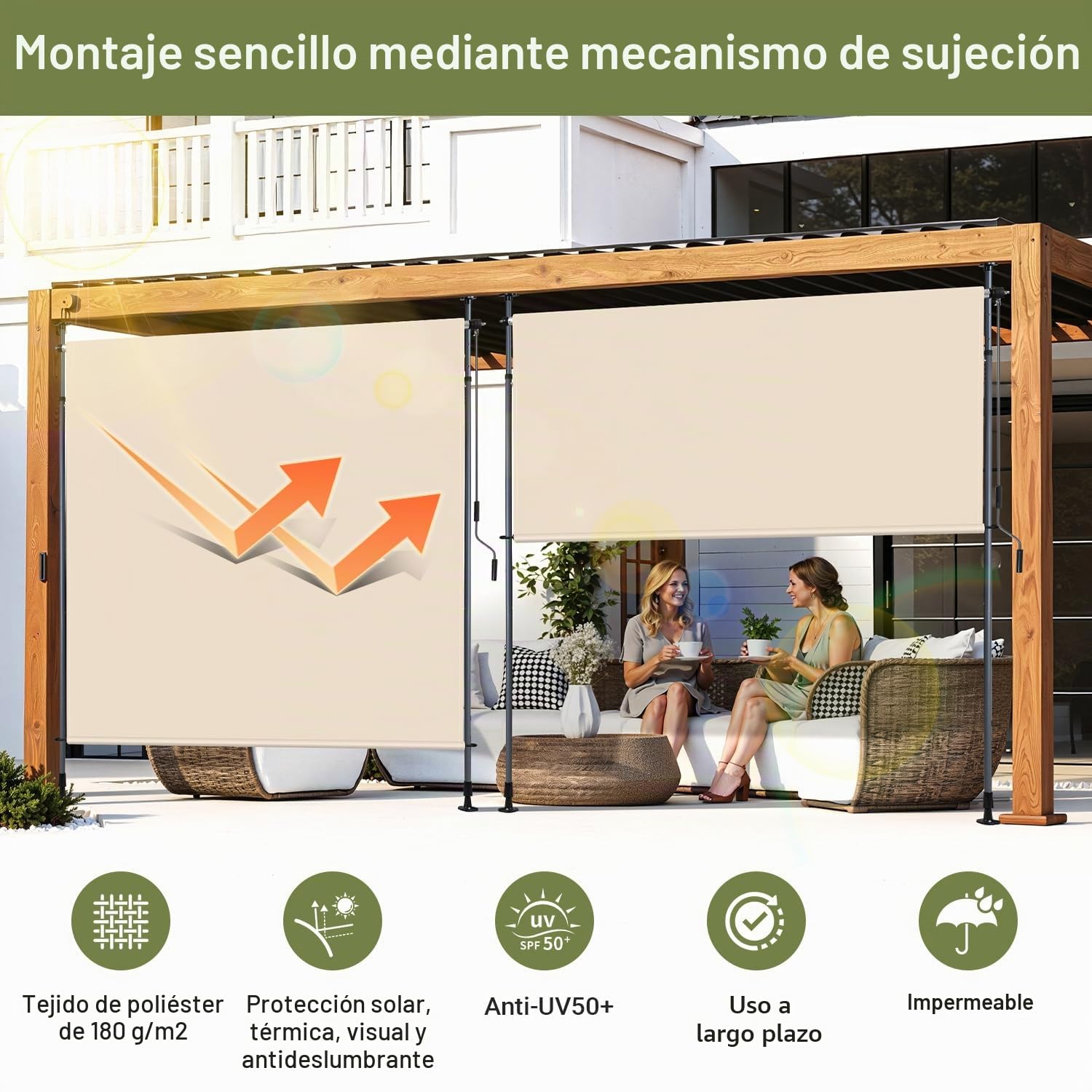 Toldo de abrazadera Toldo vertical exterior de 200 x 305 cm, extensible, toldo vertical con manivela manual sin taladrar, protección visual para balcón y protección contra el viento para