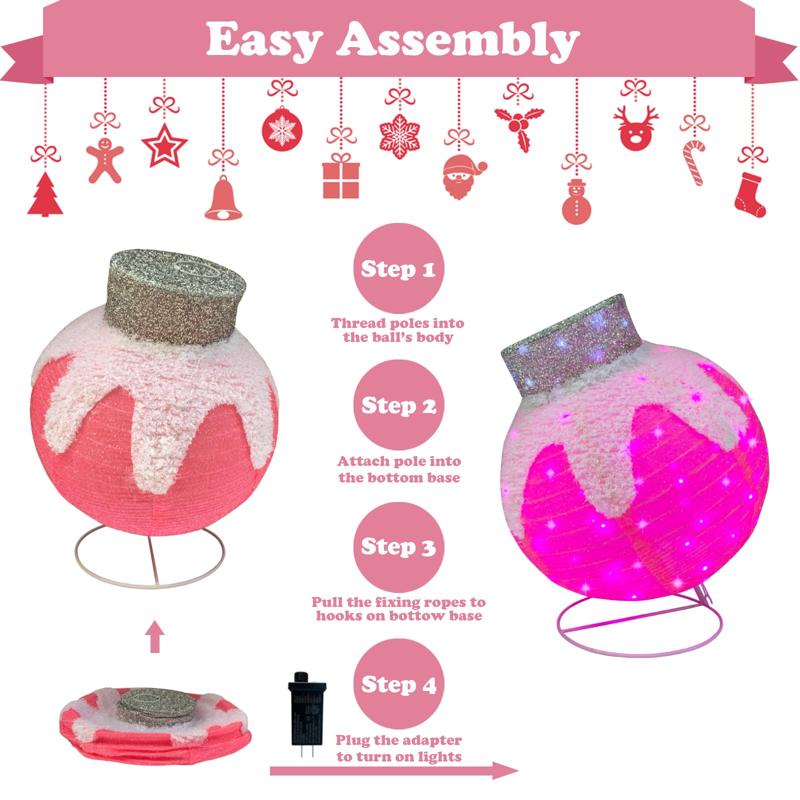 Lighted Christmas Balls Outdoor Decorations, 2pcs Pop-Up Pink Christmas Décor Balls Prelit 160 Lights with Flashing Effects, Collapsible Light Up Hanging Lanterns Plug-in for Home Yard Party-Pink: Pink white ornament set