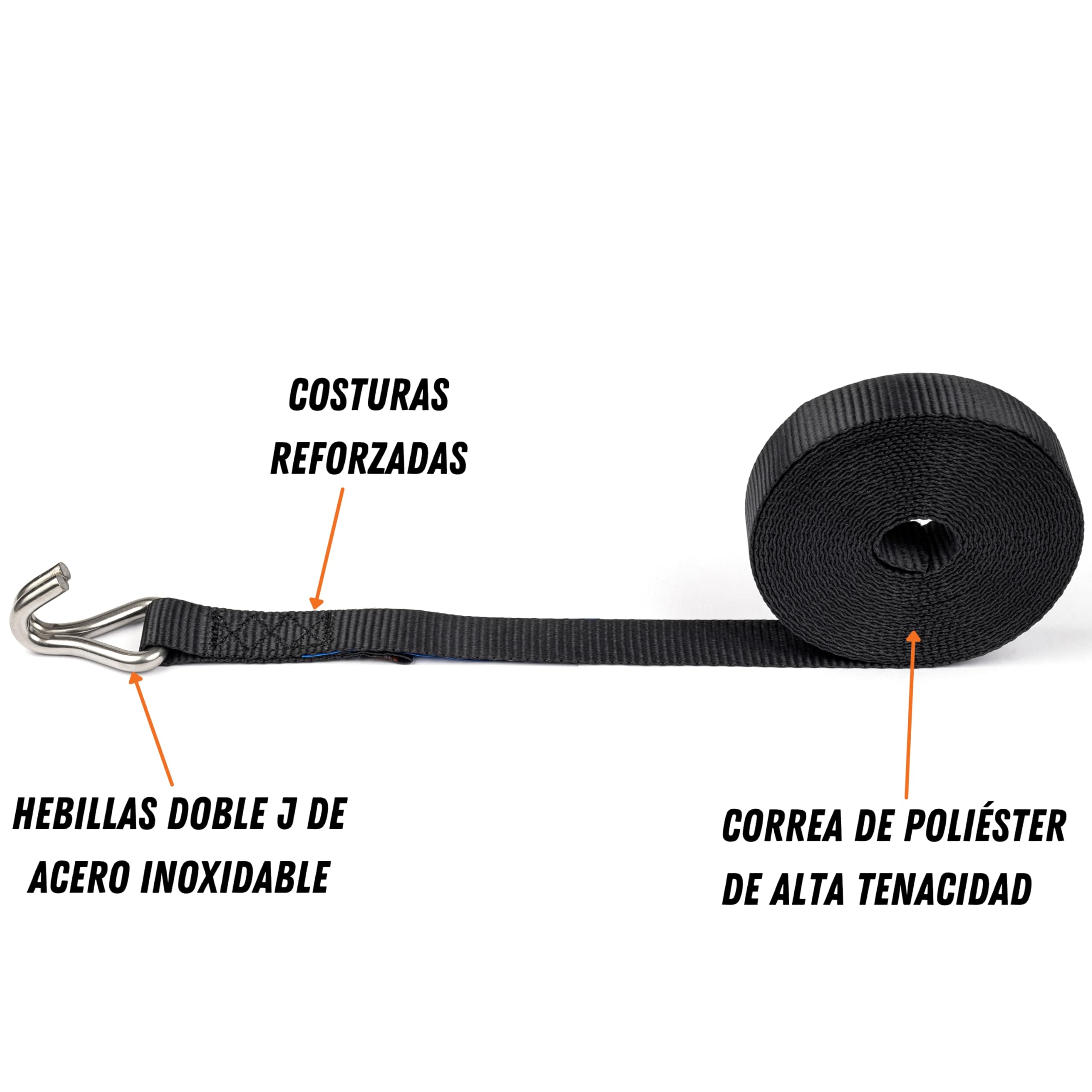 LODD - 4 Correas de Amarre de 6M en Acero Inoxidable, Ganchos Doble J de Acero Inoxidable, con Maleta de Transporte - Ideal para Lonas de Piscina