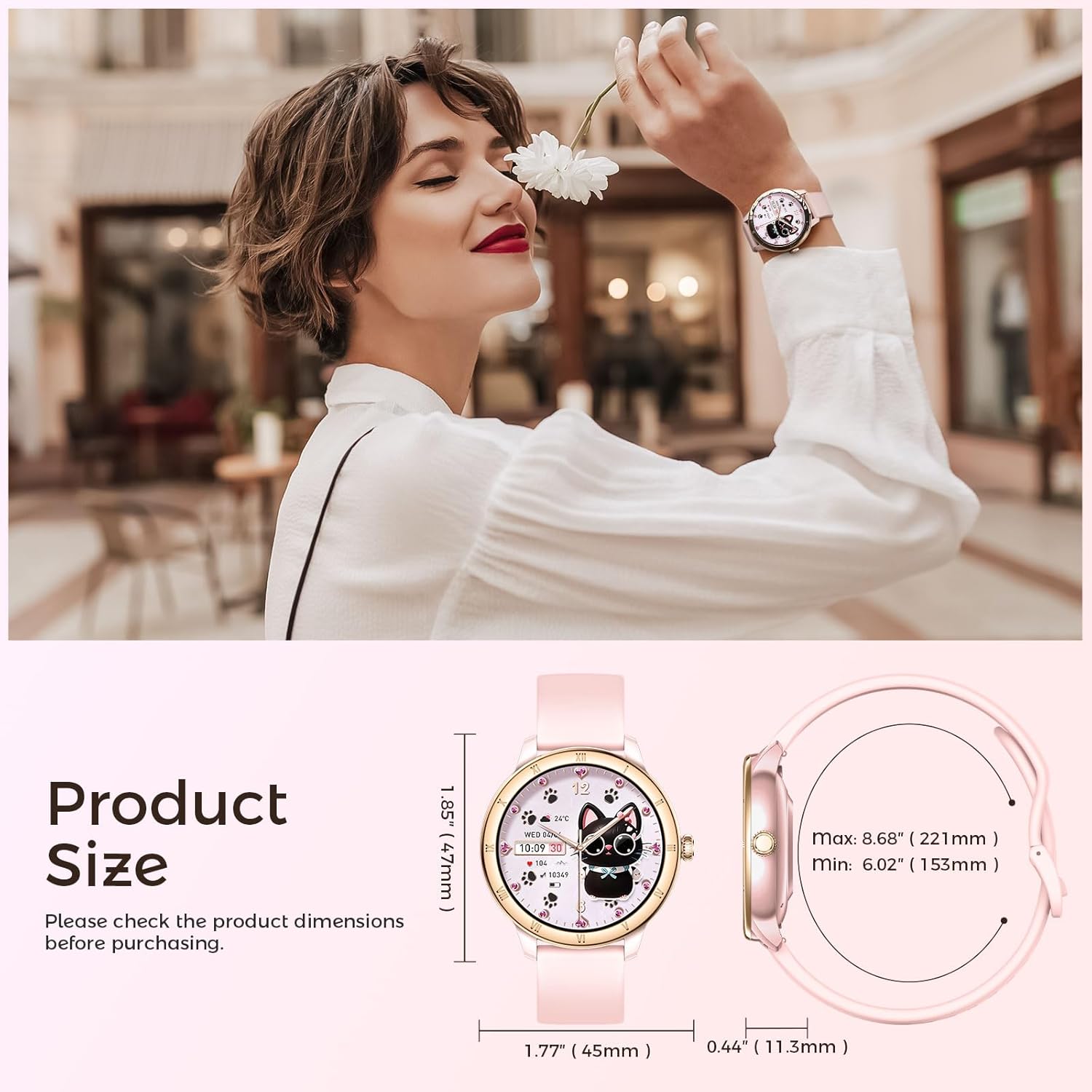 EIGIIS Android Smart Watches for Women 1.27" HD Roman Dial Sports Watches Activity Trackers with Heart Rate Sleep Monitor Smartwatch for iPhone Fitness Tracker Reloj Inteligente para Mujer Pink image 8 of 17 B0FDW9V4TM