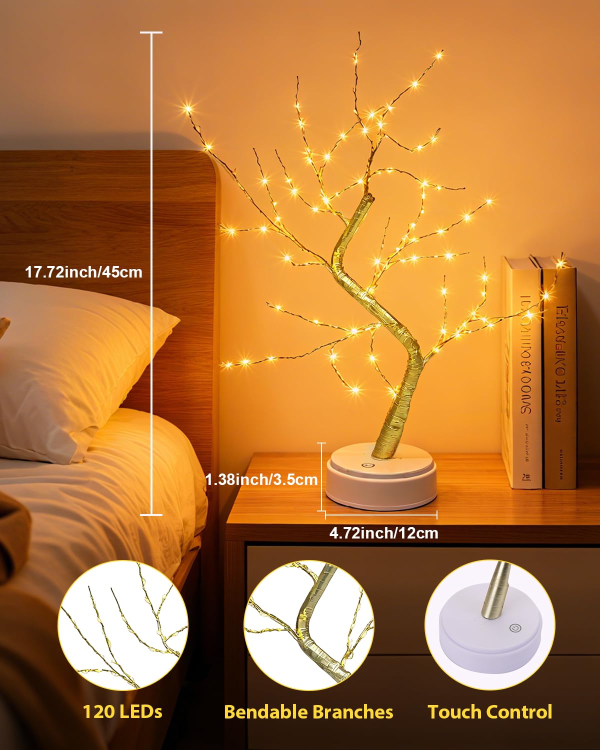 Kinamy LED Baum Lichter, Lichterbaum, Leuchtbaum Warmweiß Verstellbare Äste, 120 LED Baum Lampe Dekobaum Belichtet Baumbeleuchtung Innen Deko, Anschließen/Batteriebetrieben Beleuchtung