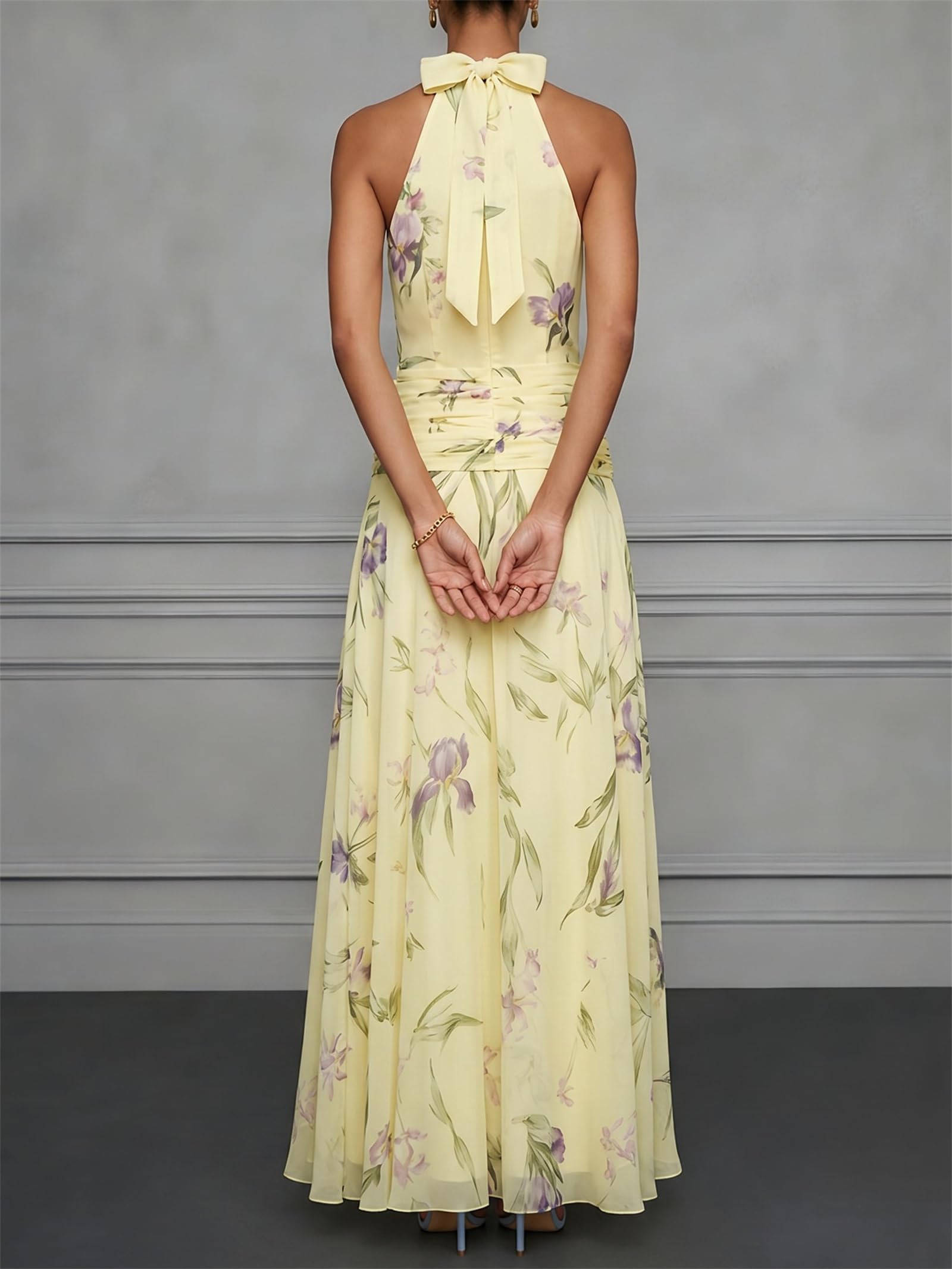 Abito Lungo da Donna in Chiffon Floreale con Scollo all'Americana, Senza Maniche, a Vita Alta, con Cintura, Linea ad A Pieghe, Aderente, Ideale per Vacanze, Matrimoni e Occasioni Speciali.